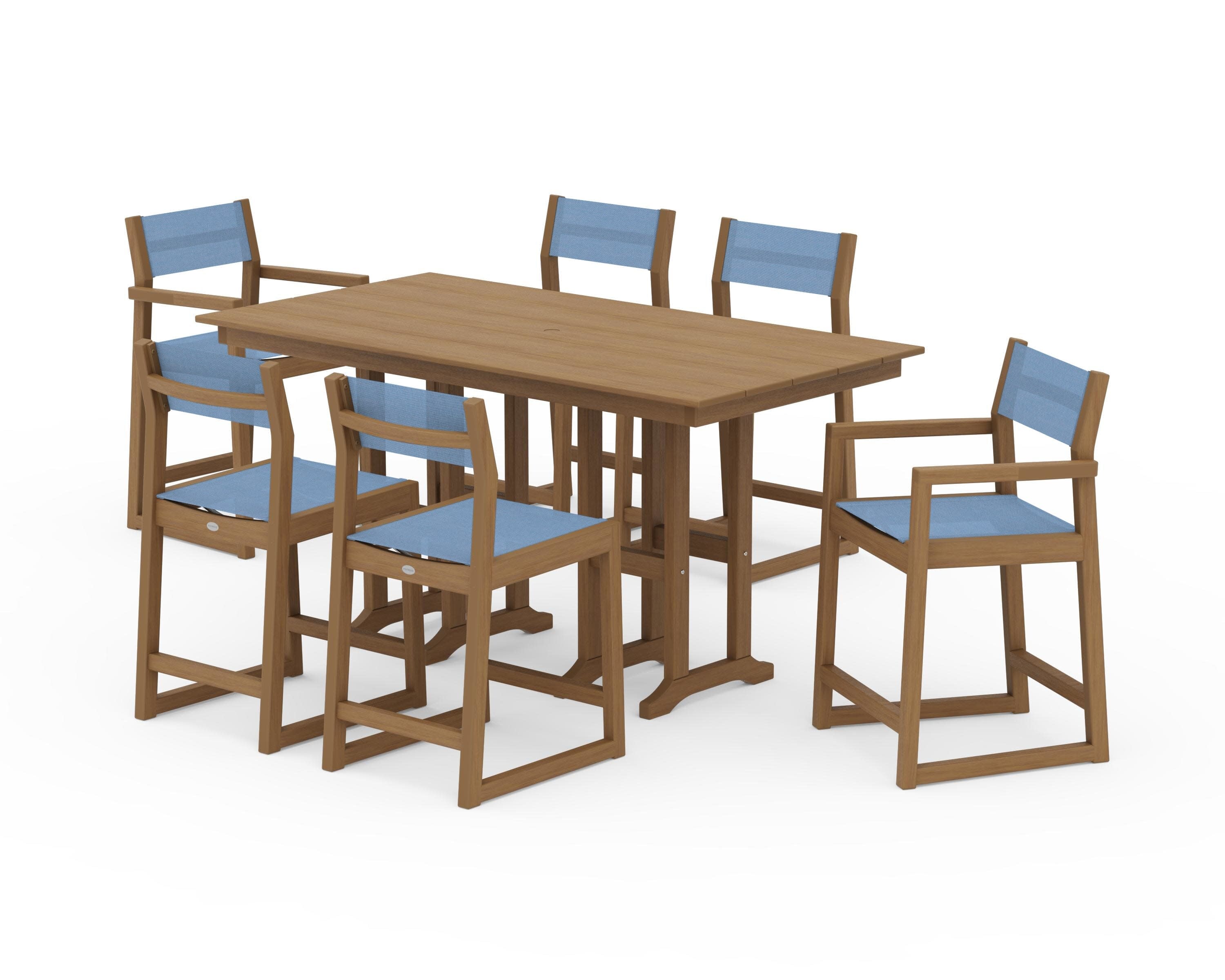 EDGE Sling 7-Piece Farmhouse Counter Set with Trestle Legs in Natural / Poolside Sling