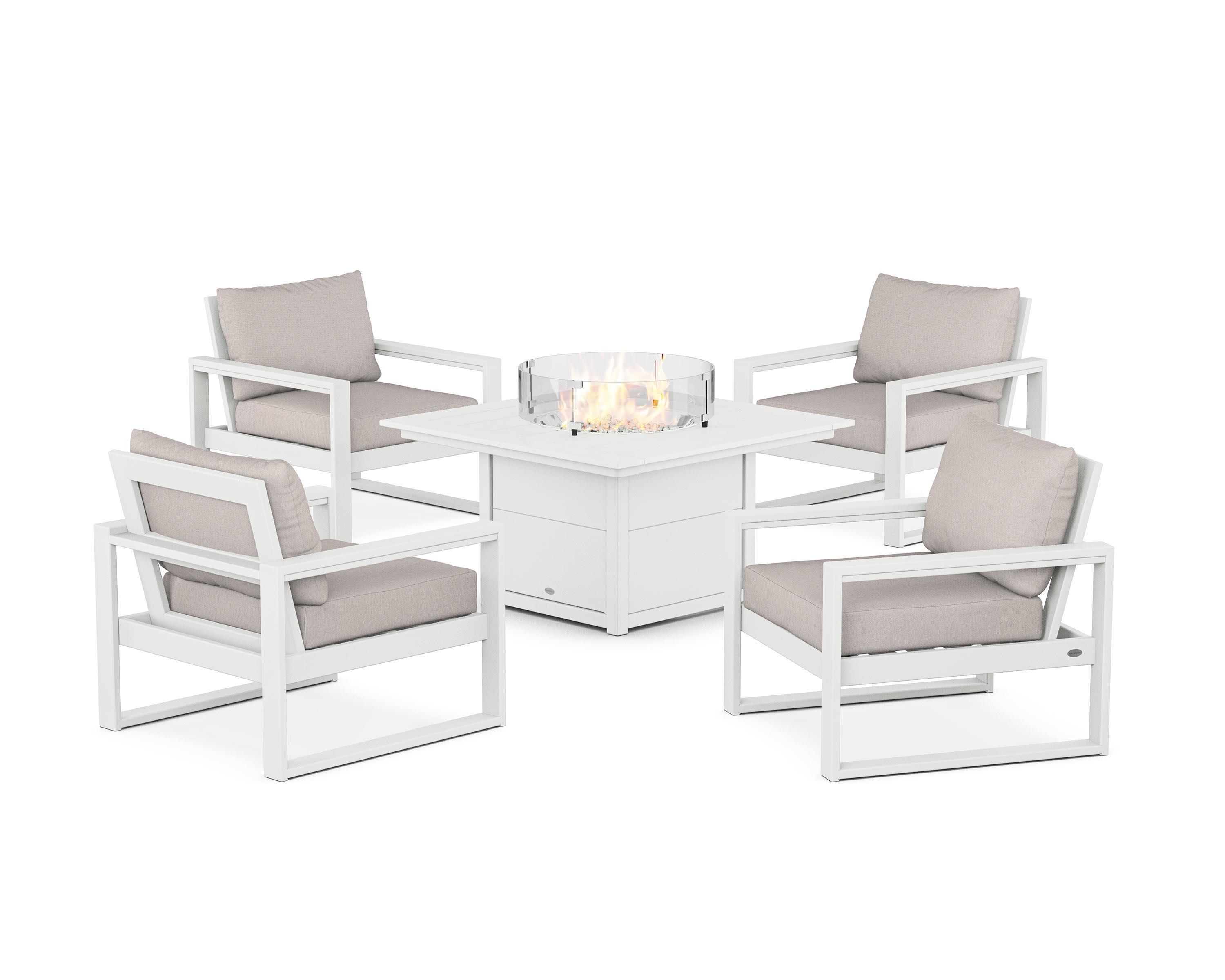 EDGE Sectional 5-Piece Deep Seating Set with Fire Pit Table in White / Dune Burlap