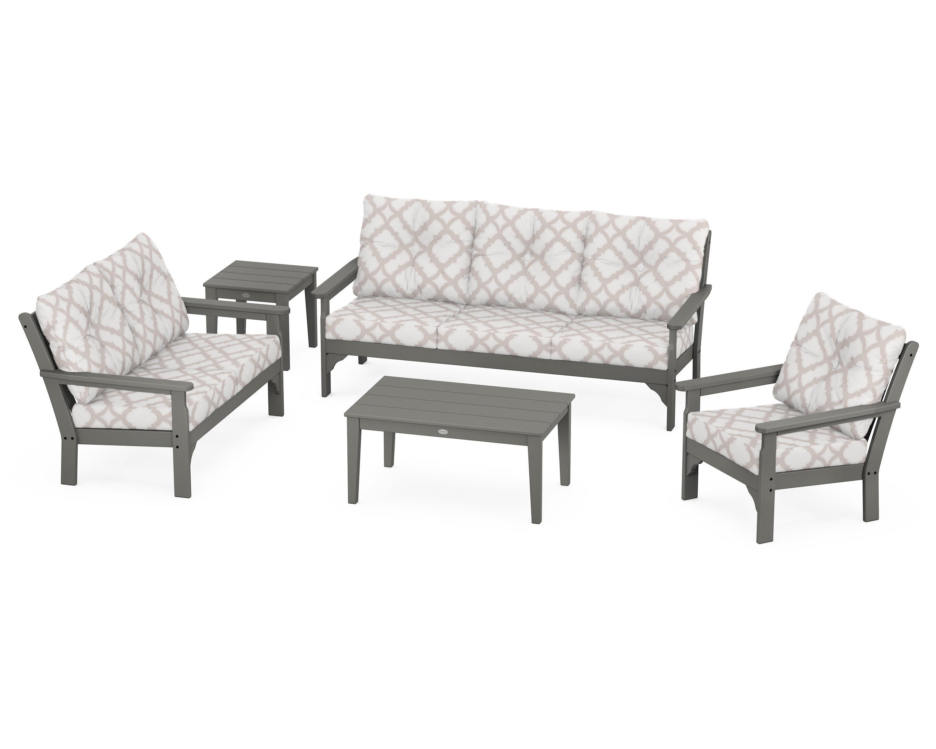 Vineyard 5 Piece Deep Seating Set in Slate Grey / Trellis Dune Burlap