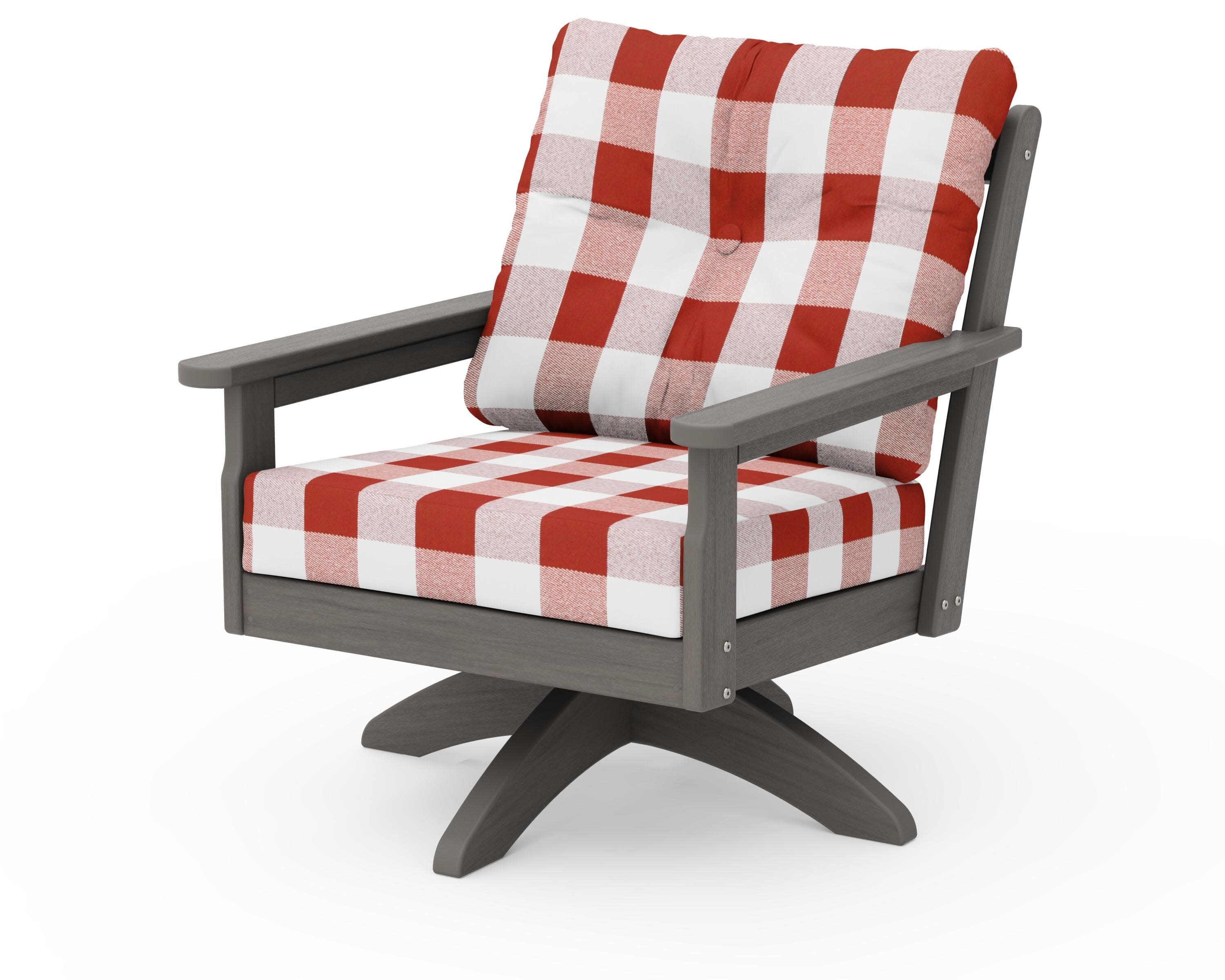 Vineyard Deep Seating Swivel Chair in Driftwood / Buffalo Plaid Crimson
