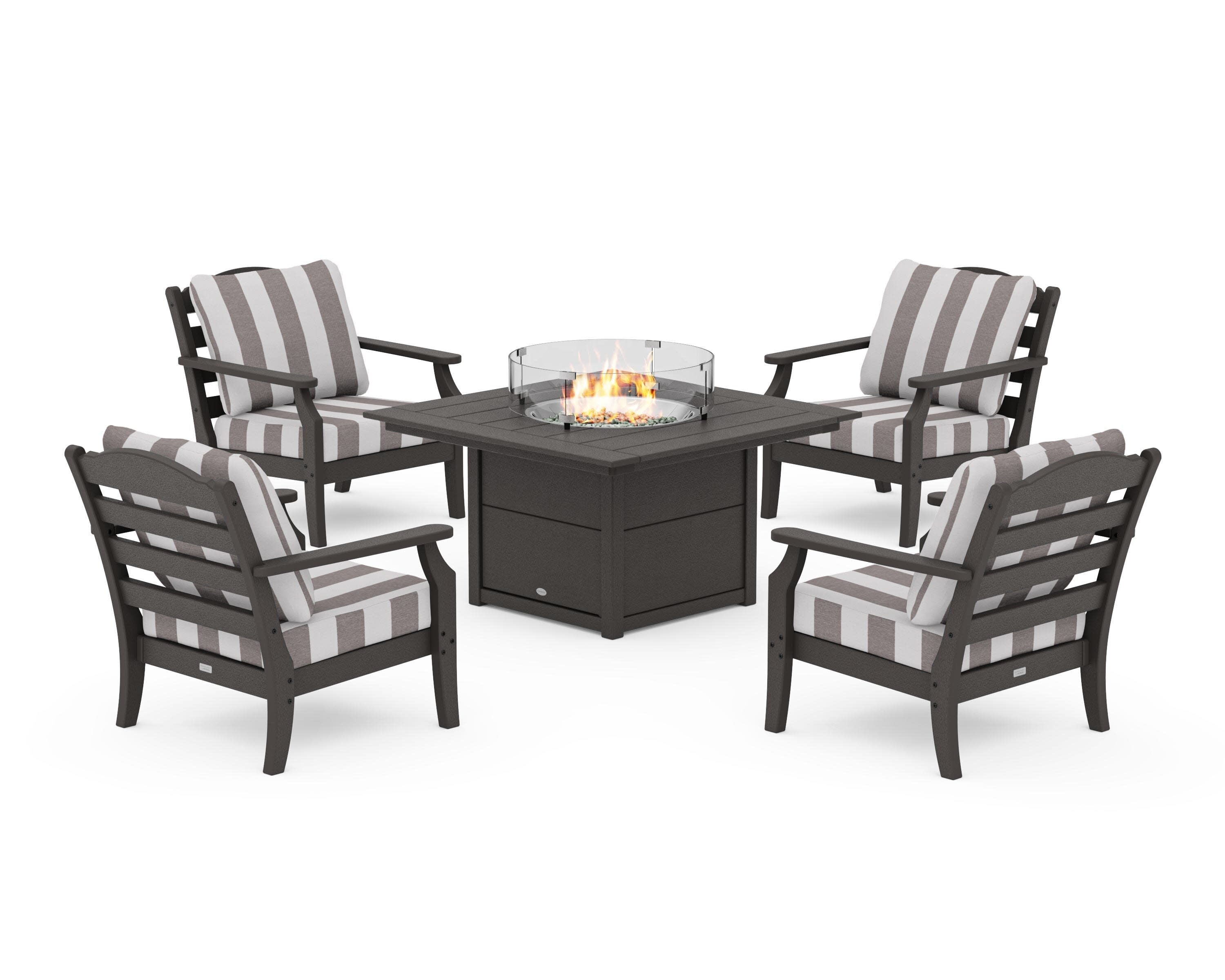 Savannah 5-Piece Deep Seating Set with Fire Pit Table in Vintage Coffee / Cabana Stripe Grey Mist