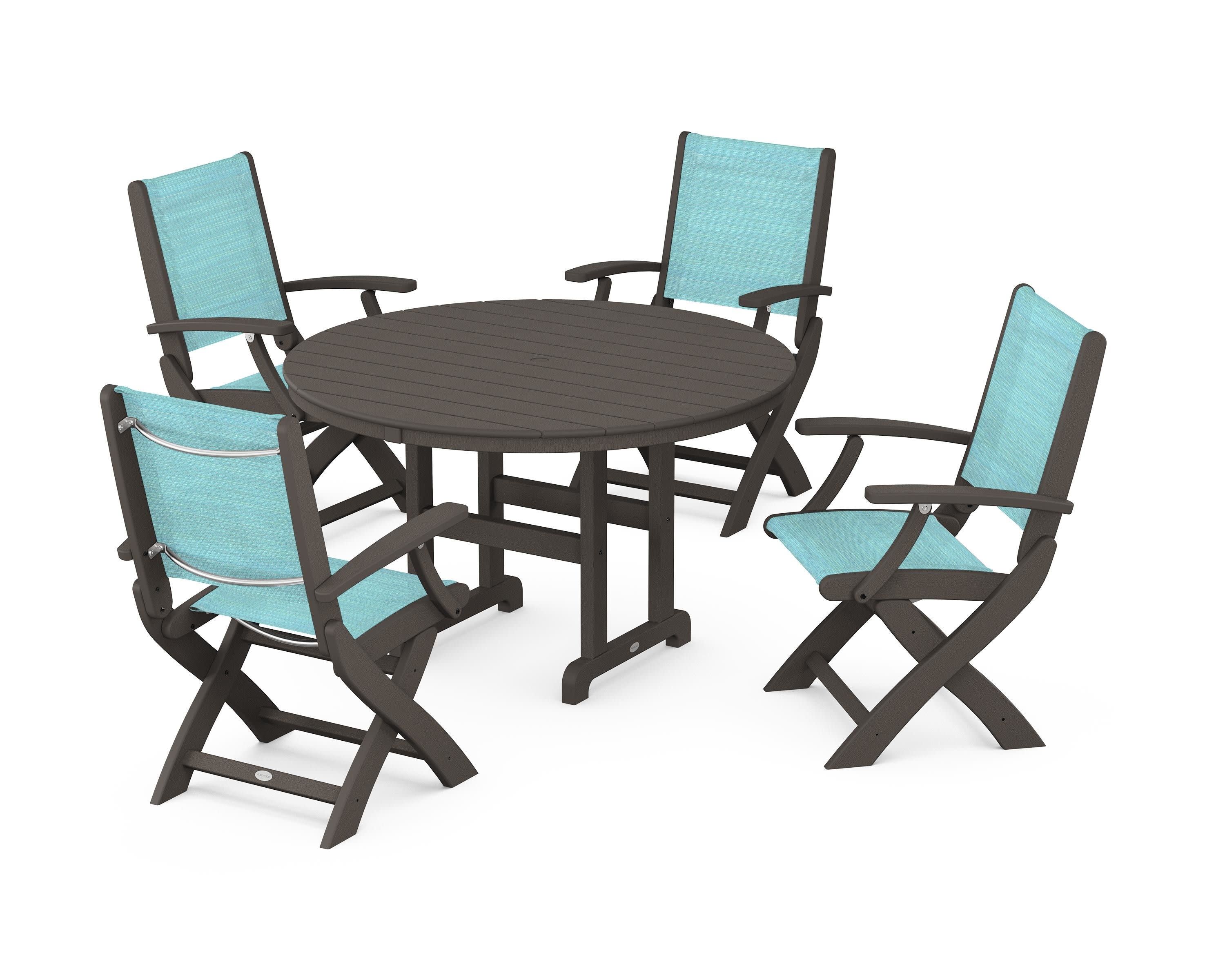 Coastal Folding Chair 5-Piece Round Dining Set in Vintage Coffee / Dupioni Aquamarine Sling