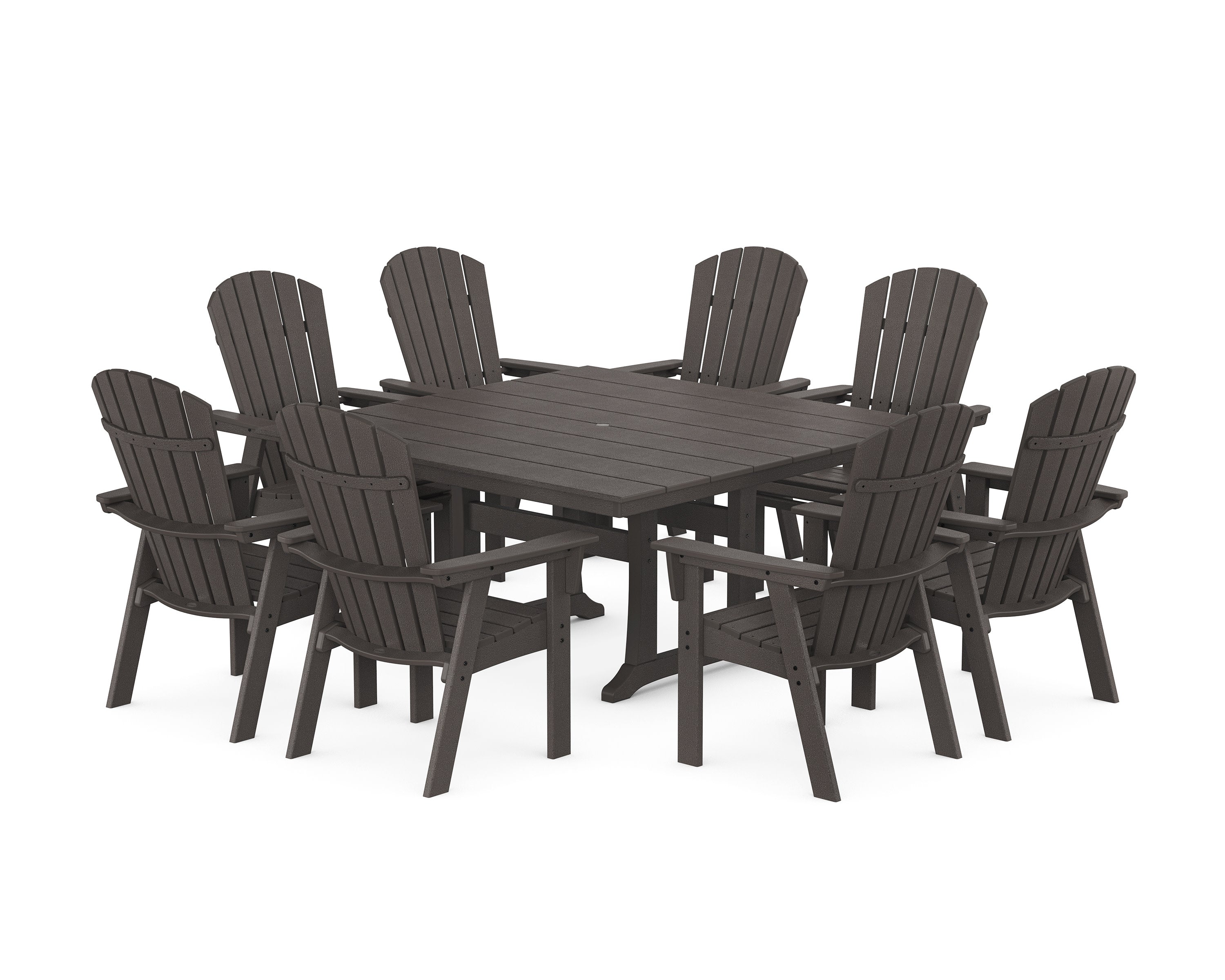 Nautical Curveback Adirondack 9-Piece Square Dining Set with Trestle Legs in Vintage Coffee