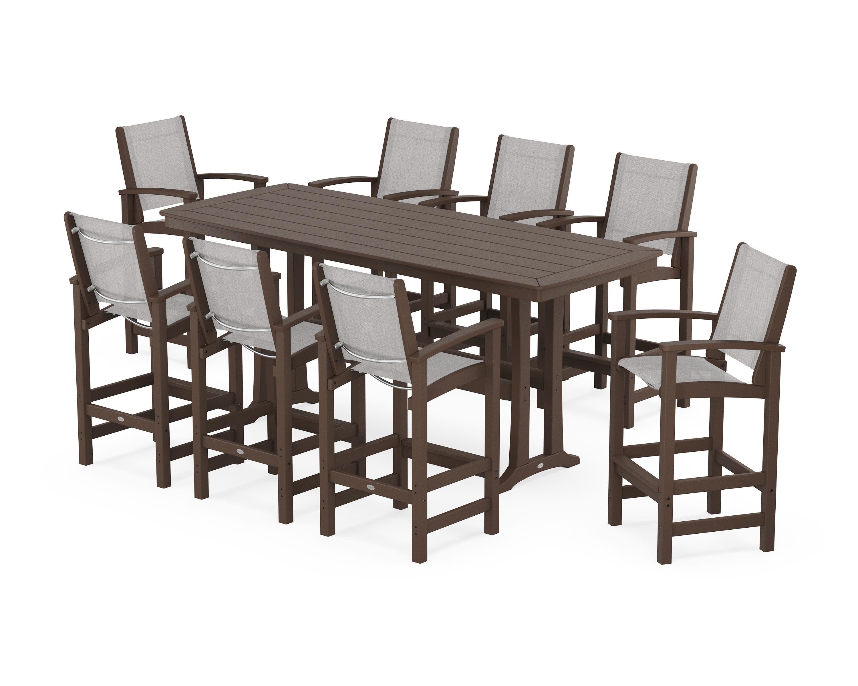 Coastal 9-Piece Bar Set with Trestle Legs in Mahogany / Parchment Sling