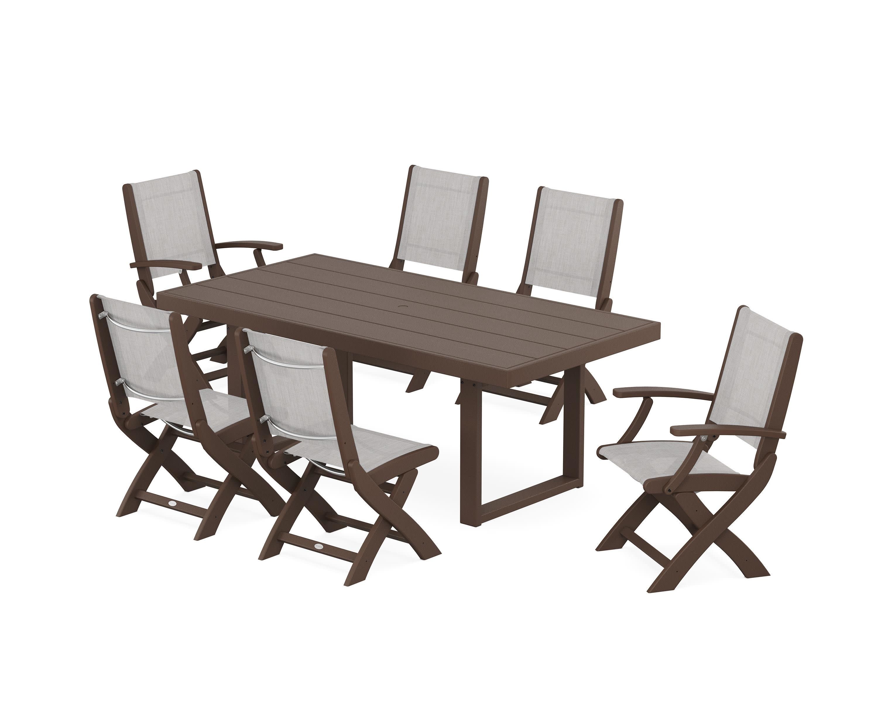 Coastal Folding Chair 7-Piece Dining Set with Trestle Legs in Mahogany / Parchment Sling