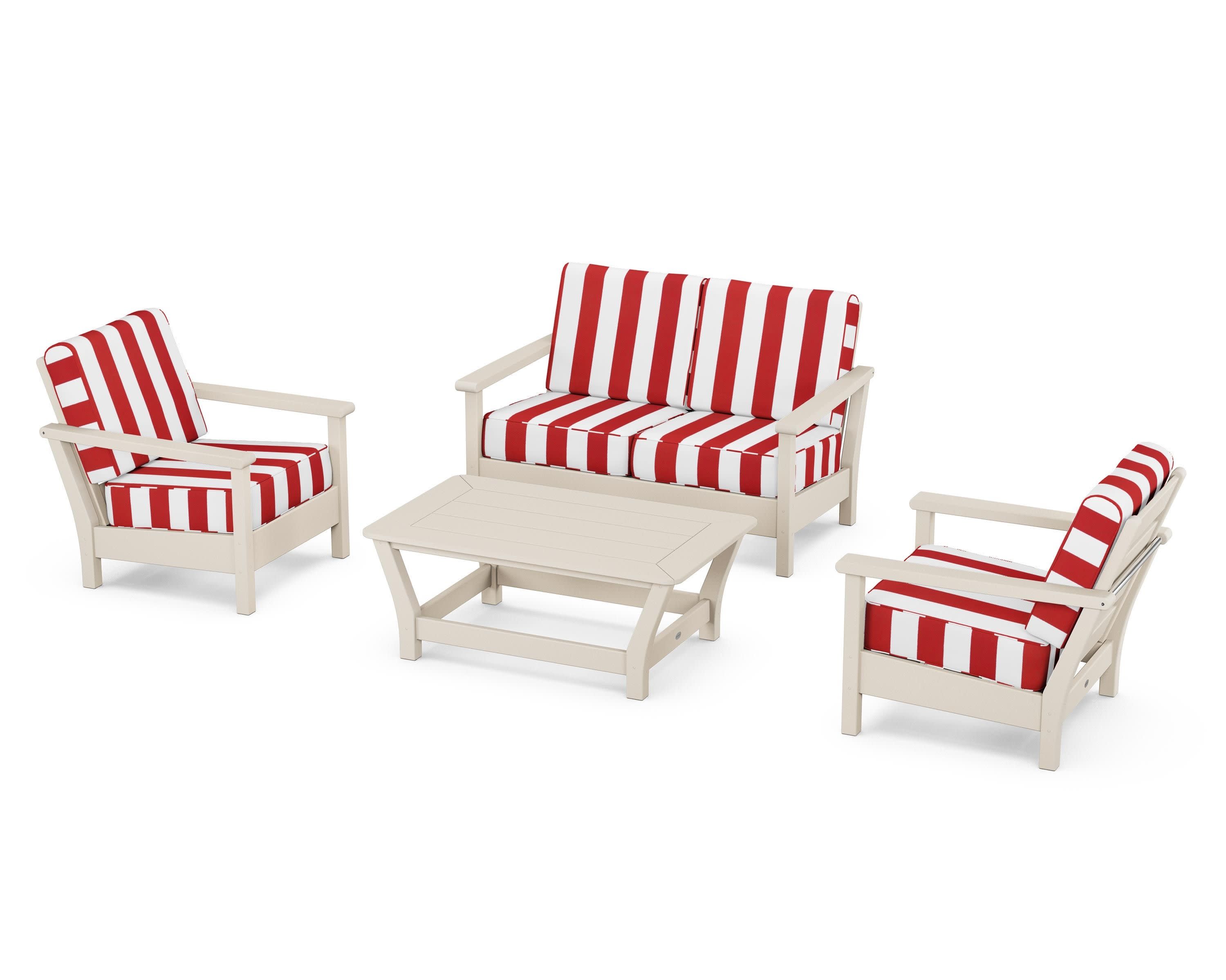 Harbour 4-Piece Deep Seating Set in Sand / Cabana Stripe Crimson