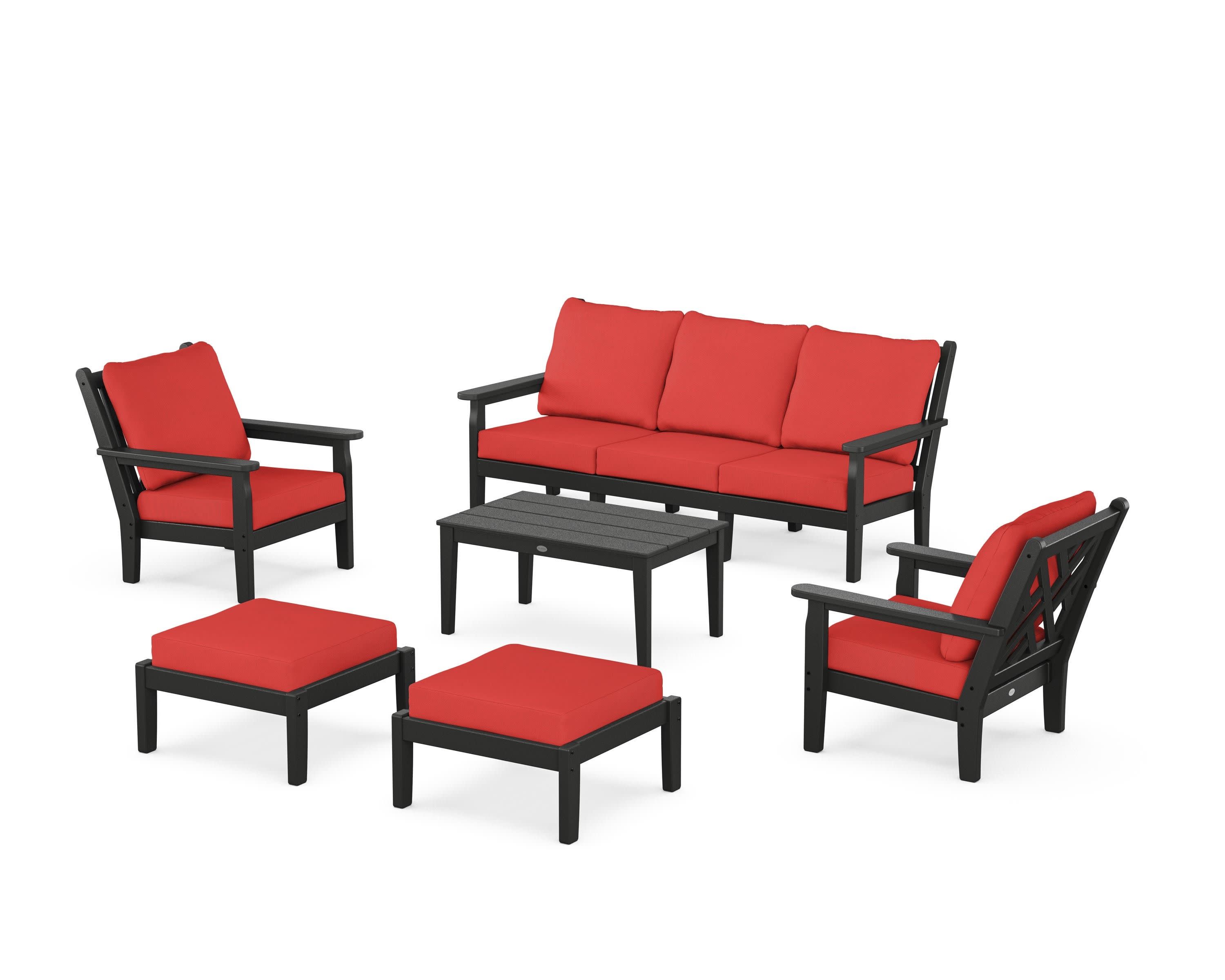 Chippendale 6-Piece Lounge Sofa Set in Black / Crimson Linen