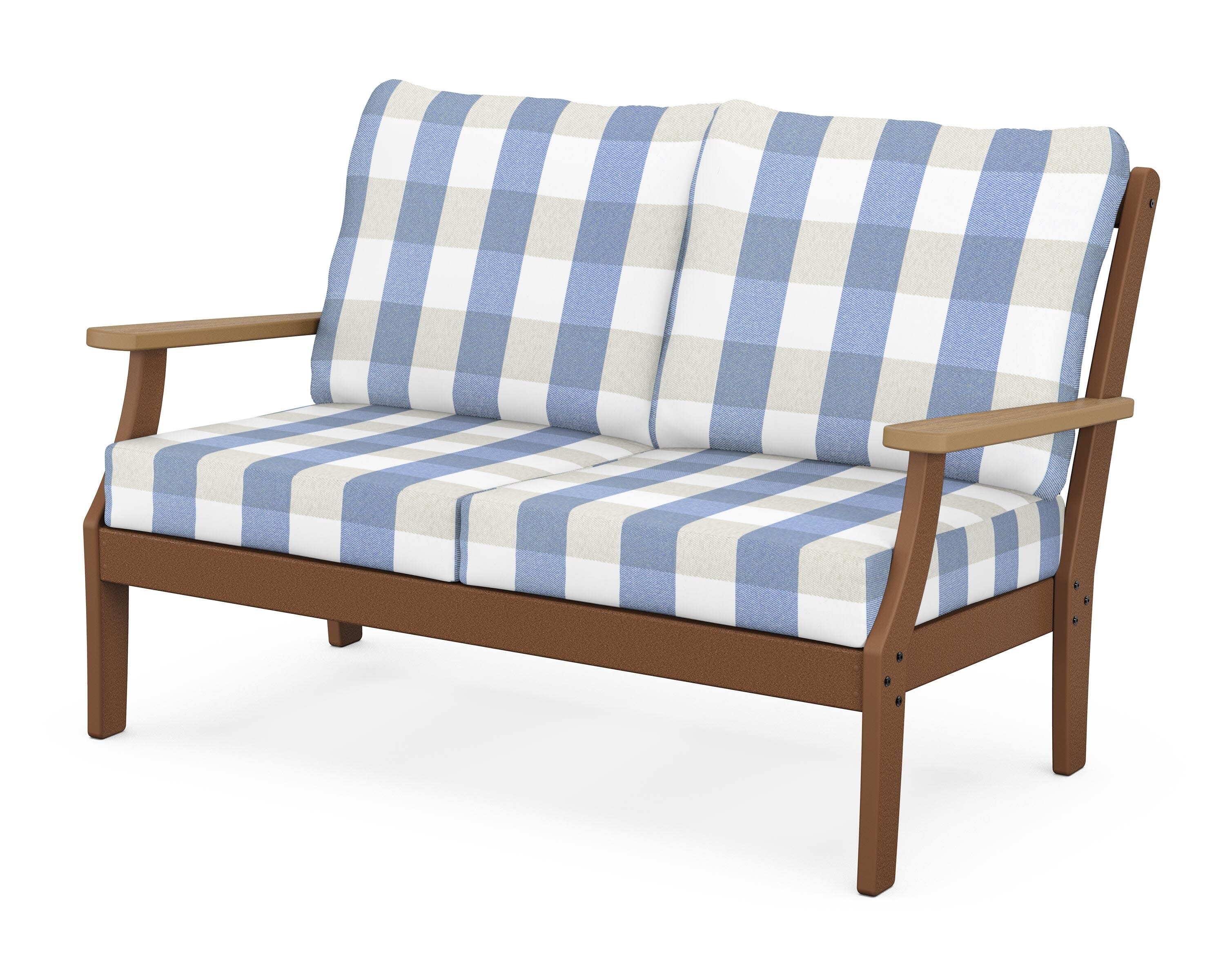 Braxton Deep Seating Loveseat in Teak / Natural / Buffalo Plaid Sky Blue