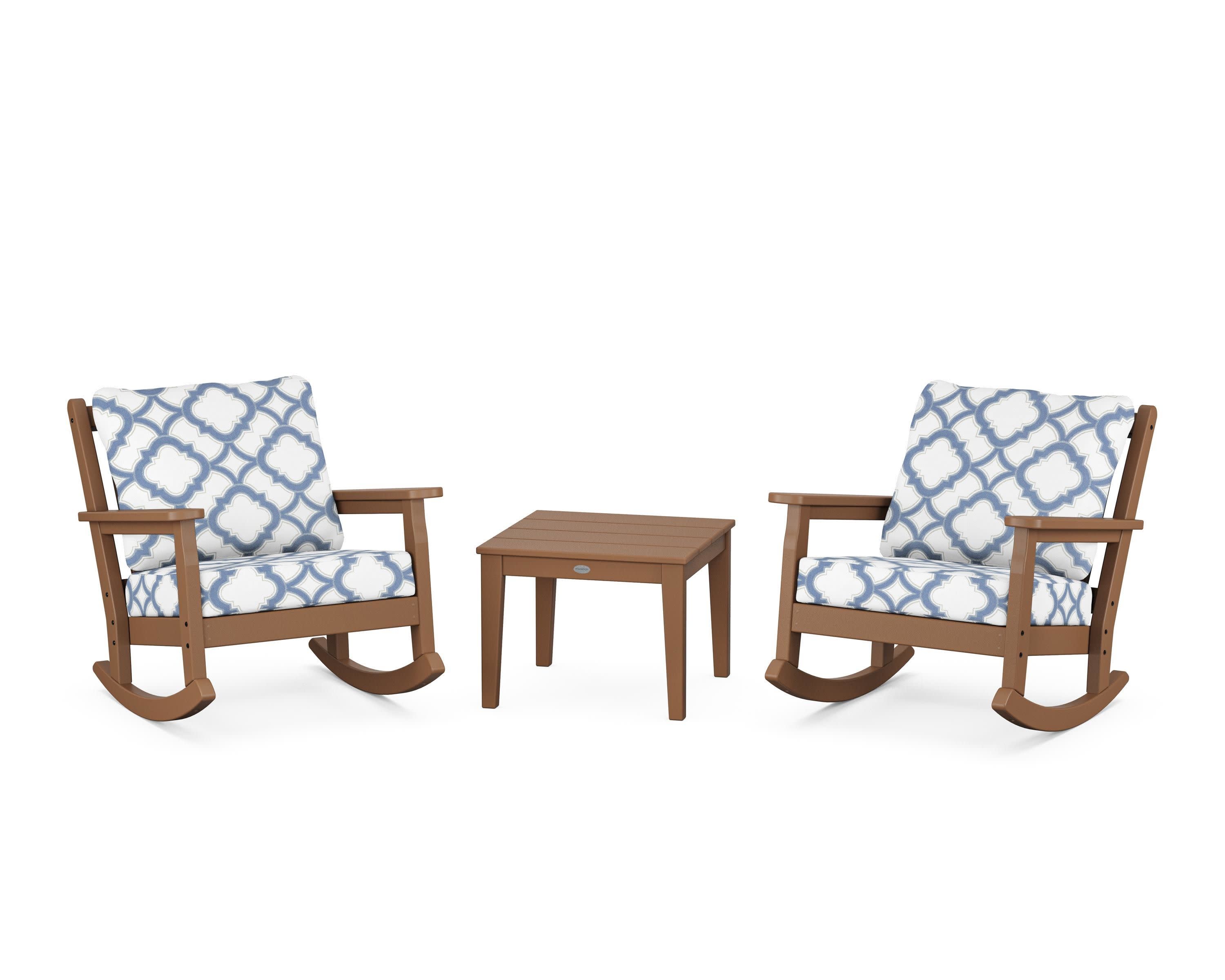Chippendale 3-Piece Deep Seating Rocker Set in Teak / Trellis Sky Blue