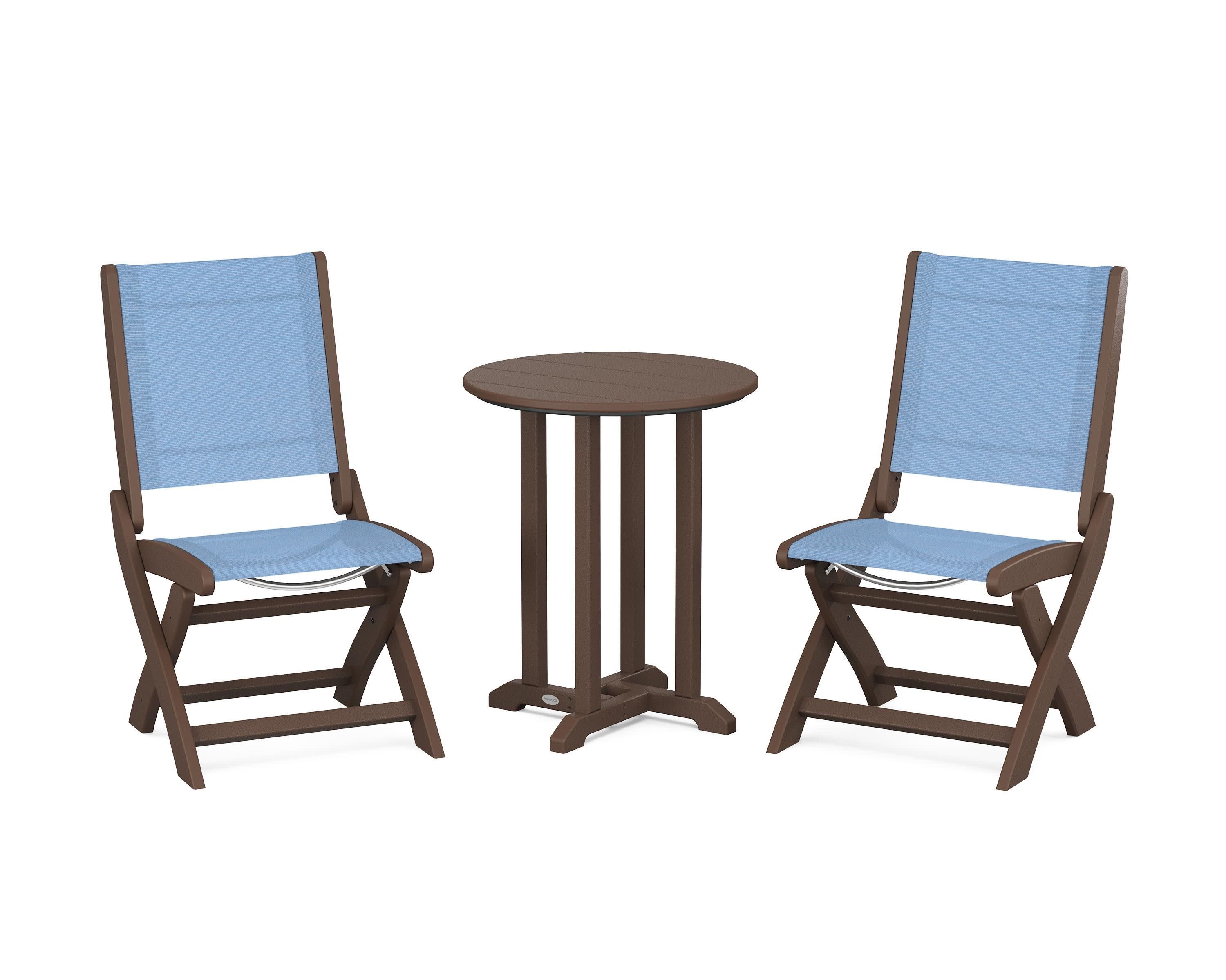 Coastal Folding Side Chair 3-Piece Round Bistro Dining Set in Mahogany / Poolside Sling
