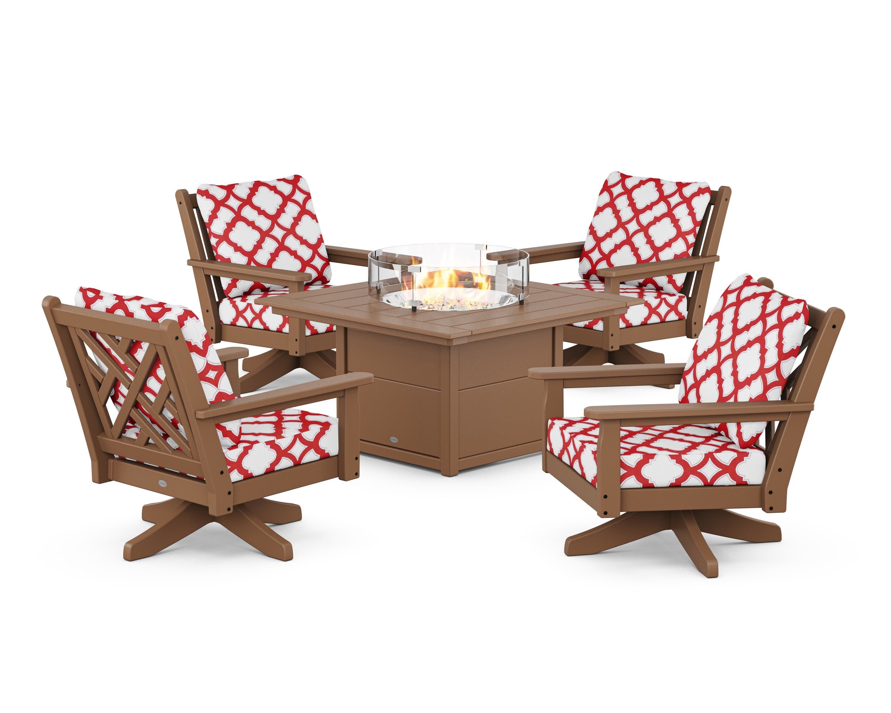 Chippendale 5-Piece Deep Seating Swivel Conversation Set with Fire Pit Table in Teak / Trellis Crimson