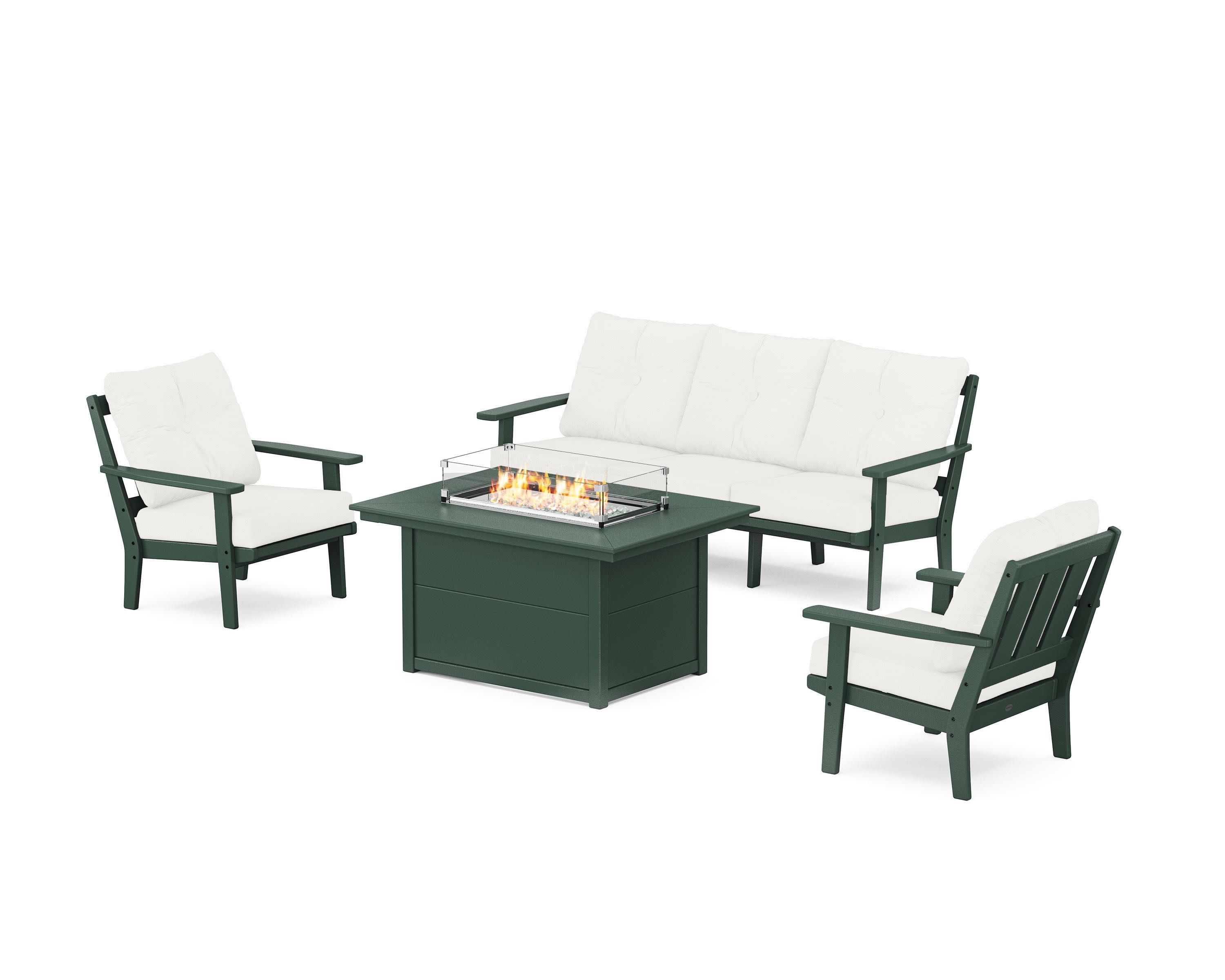 Oxford Deep Seating Fire Pit Table Set in Green / Natural Linen