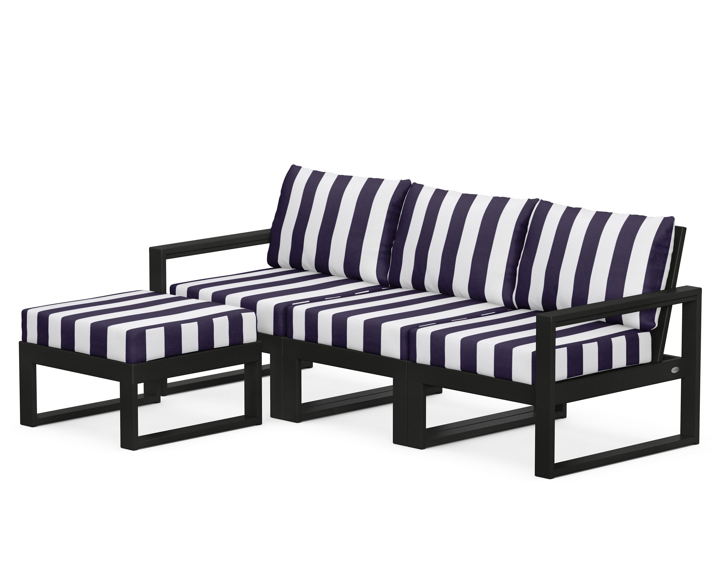 EDGE 4-Piece Modular Deep Seating Set with Ottoman in Black / Cabana Stripe Navy