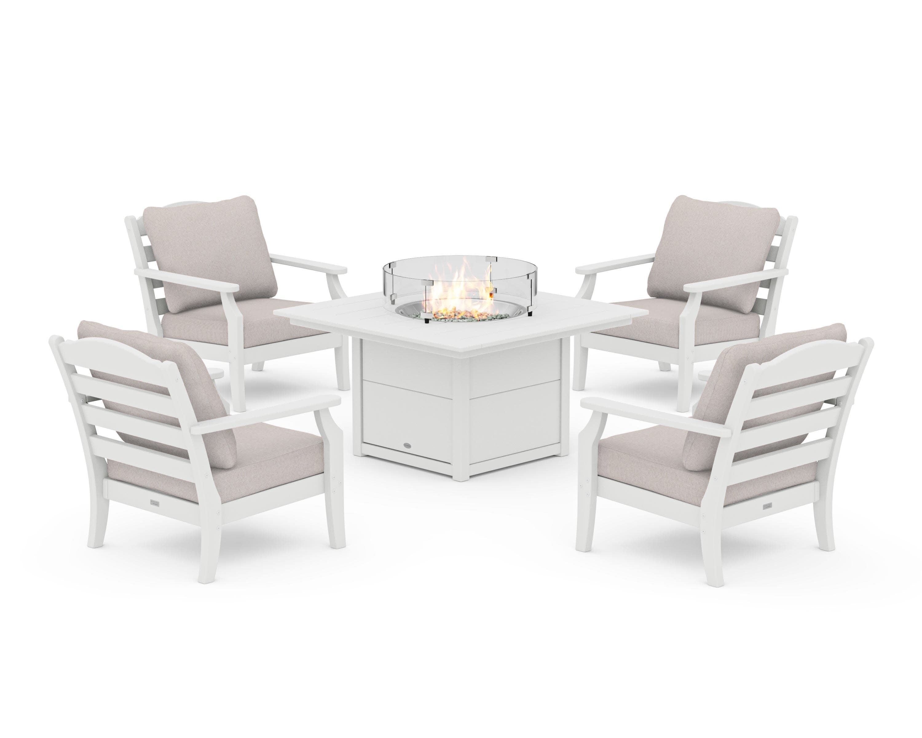 Savannah 5-Piece Deep Seating Set with Fire Pit Table in White / Dune Burlap
