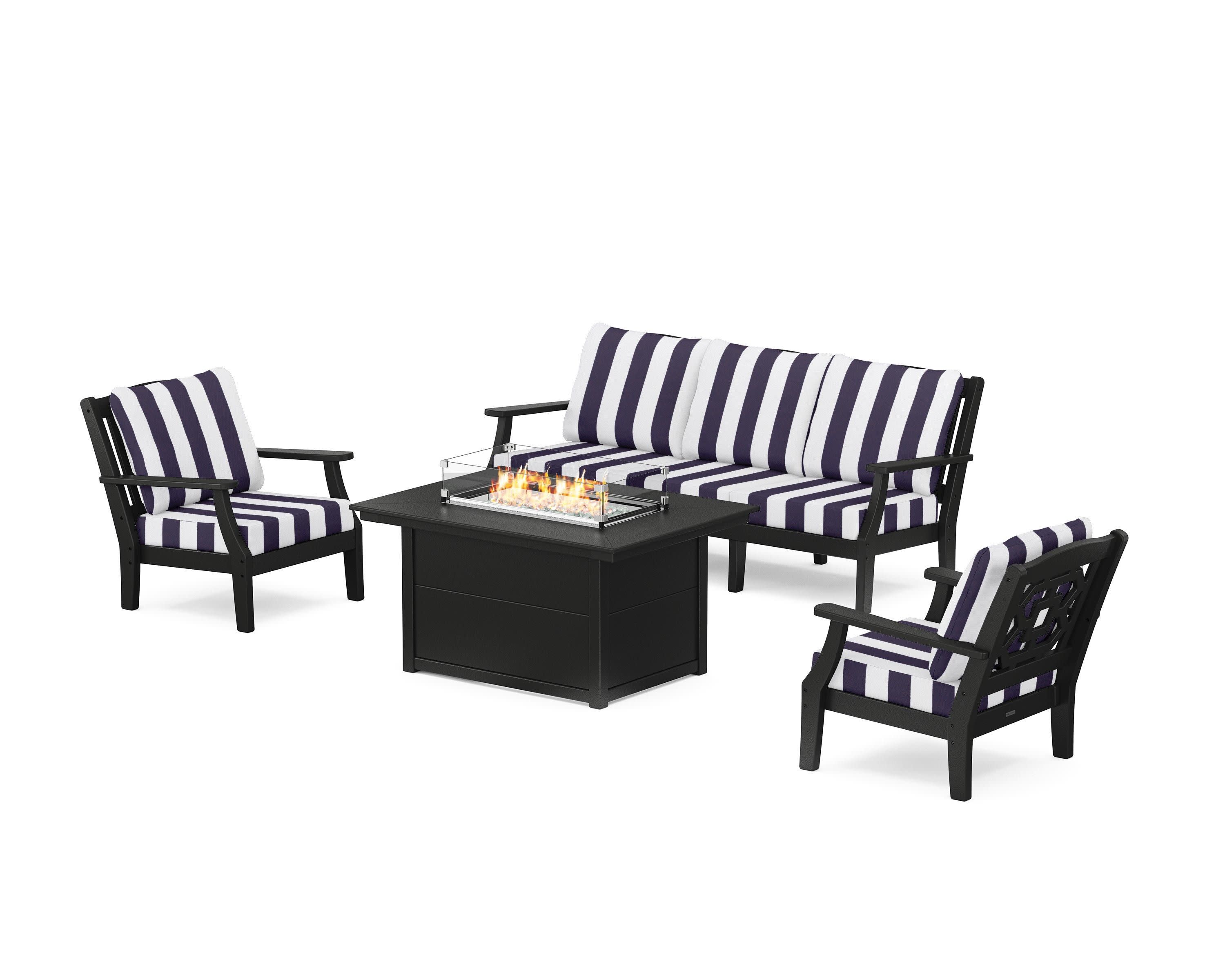 Chinoiserie Deep Seating Fire Pit Table Set in Black / Cabana Stripe Navy