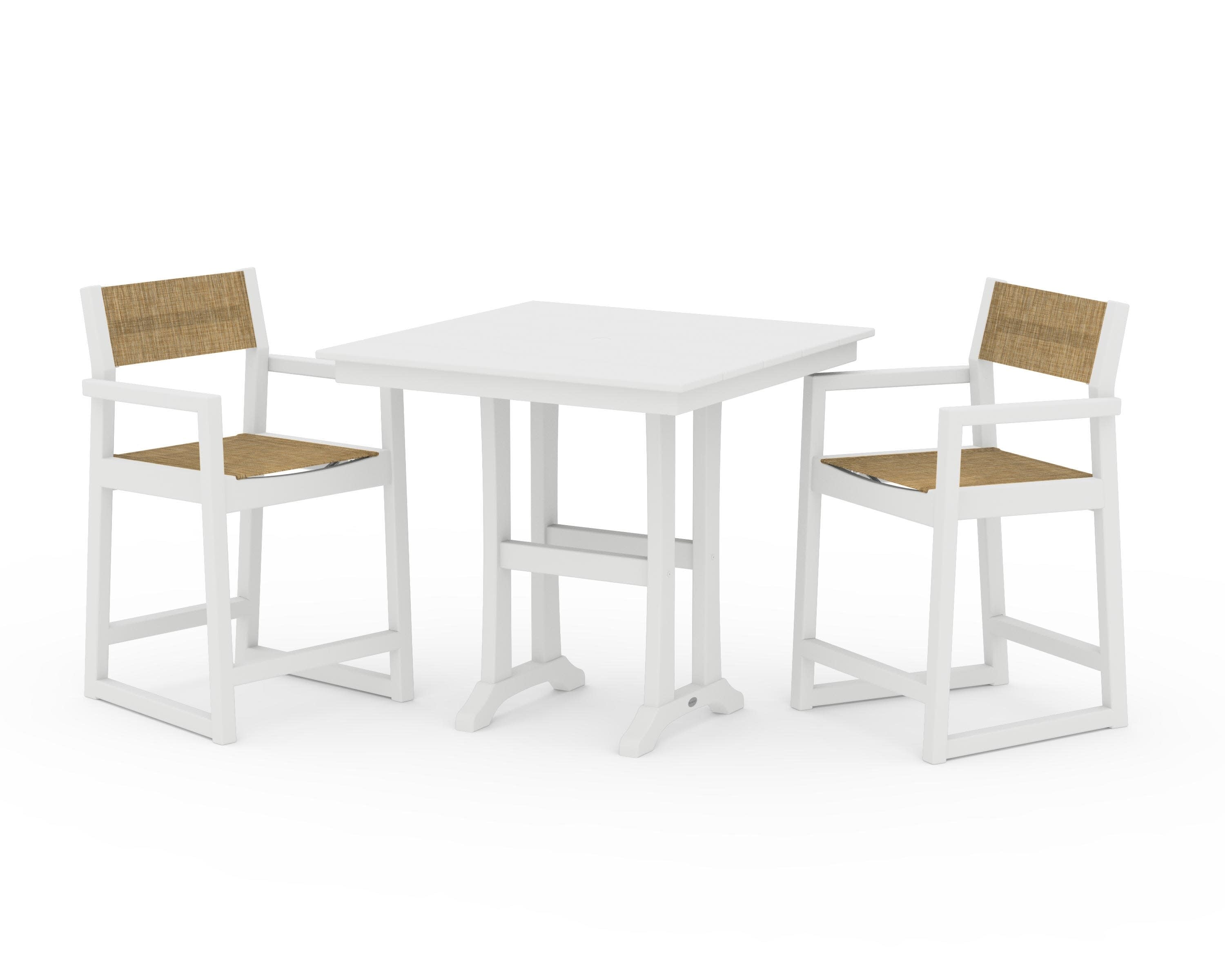 EDGE Sling Arm Chair 3-Piece Farmhouse Counter Set with Trestle Legs in White / Burlap Sling