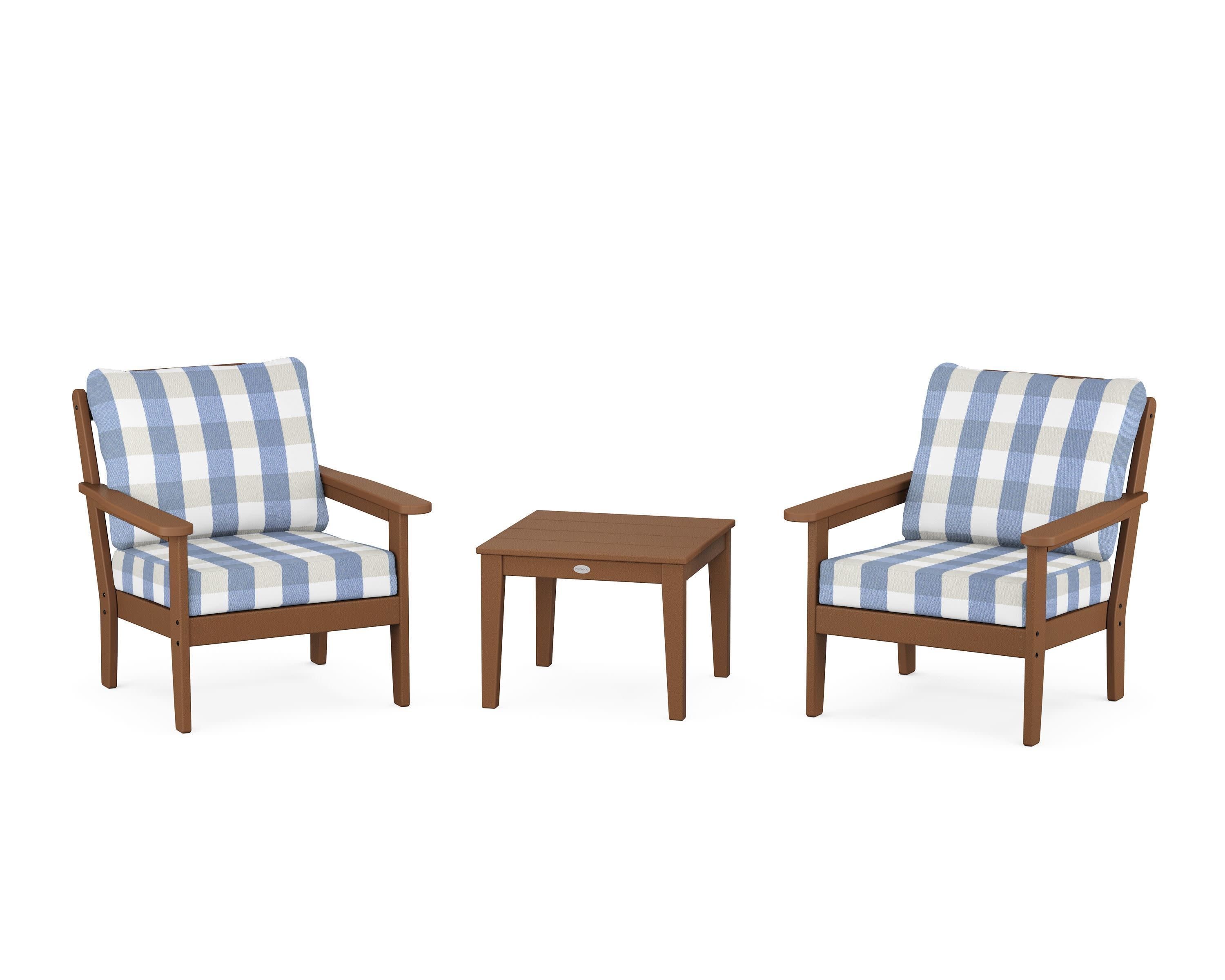 Cottage 3-Piece Deep Seating Set in Teak / Buffalo Plaid Sky Blue