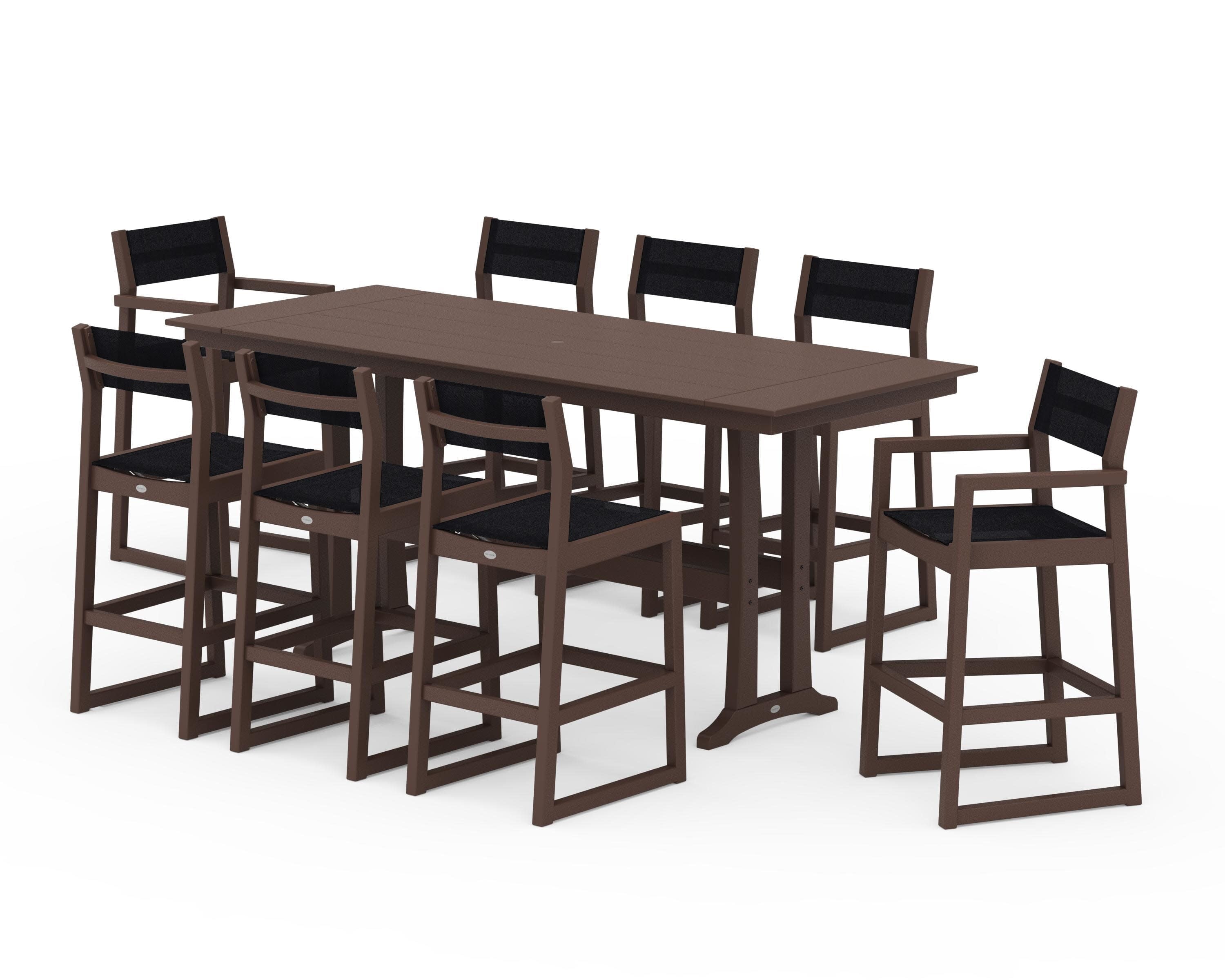 EDGE Sling 9-Piece Farmhouse Bar Set with Trestle Legs in Mahogany / Black Sling
