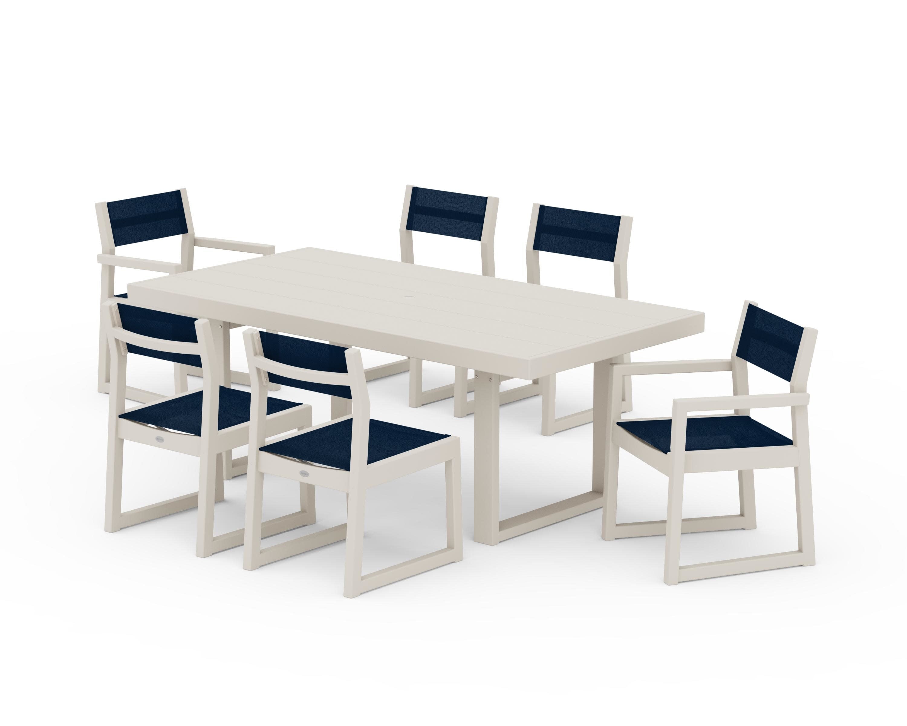 EDGE Sling 7-Piece Dining Set in Sand / Navy Blue Sling