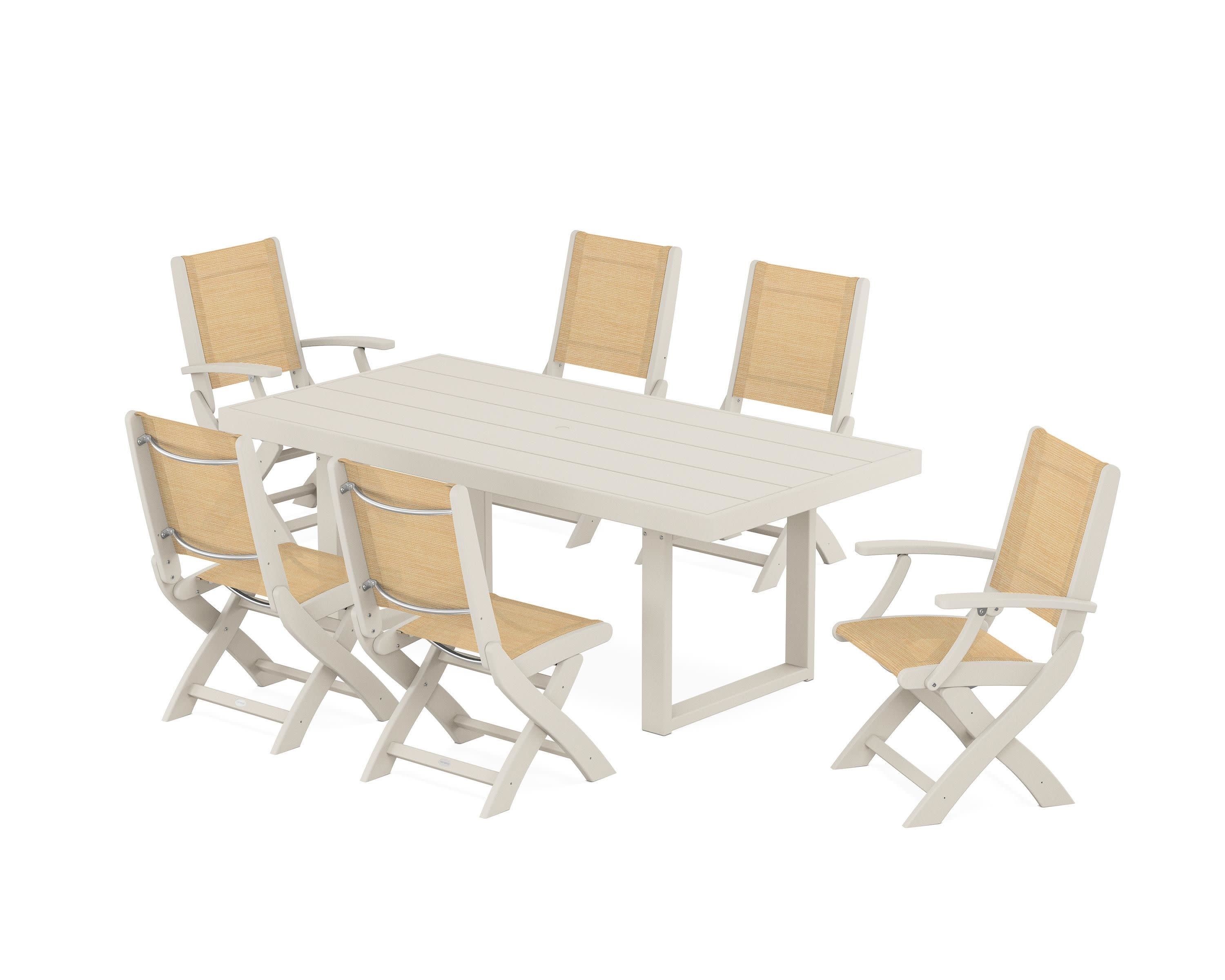Coastal Folding Chair 7-Piece Dining Set with Trestle Legs in Sand / Dupioni Apricot Sling