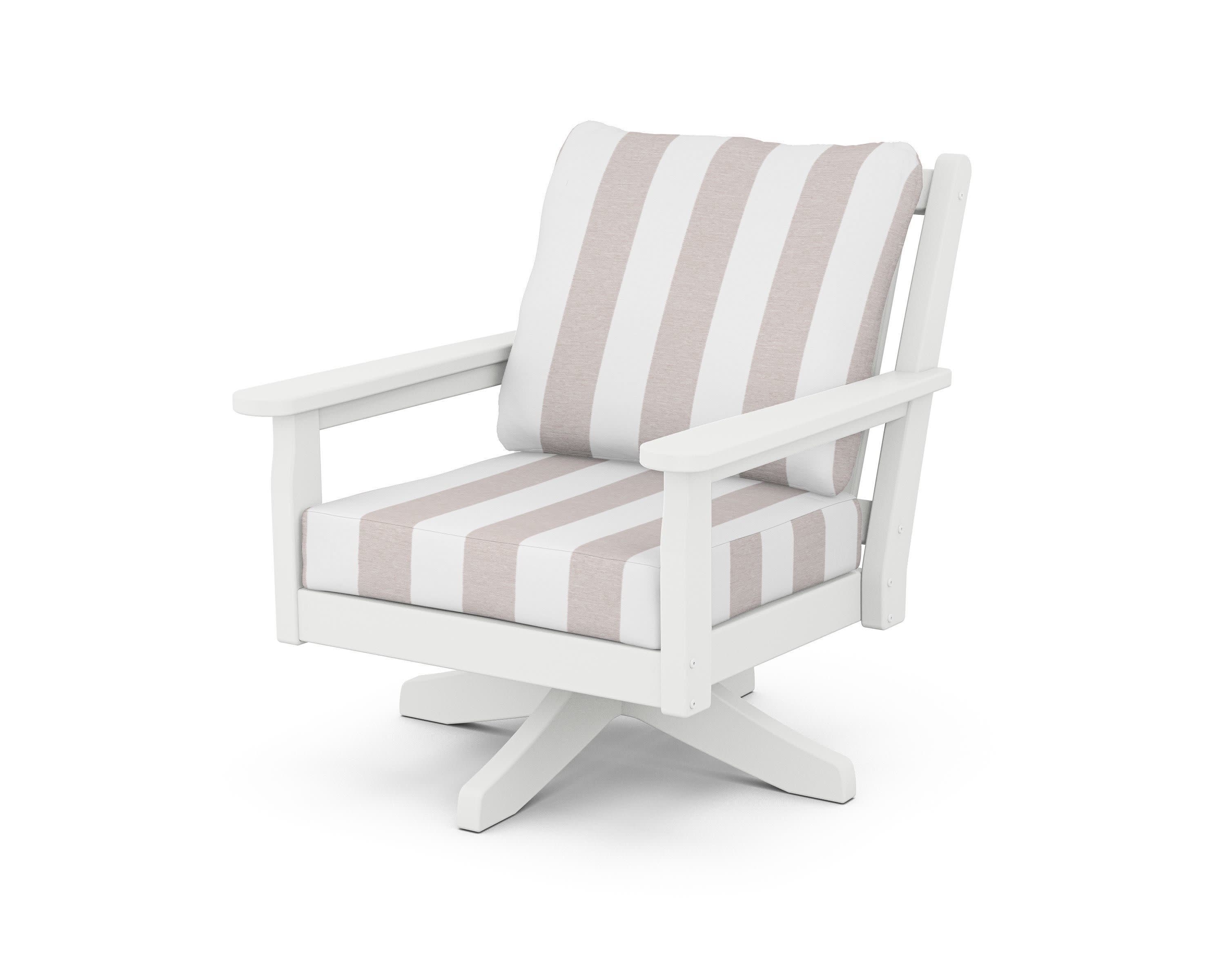 Chippendale Deep Seating Swivel Chair in White / Cabana Stripe Dune Burlap