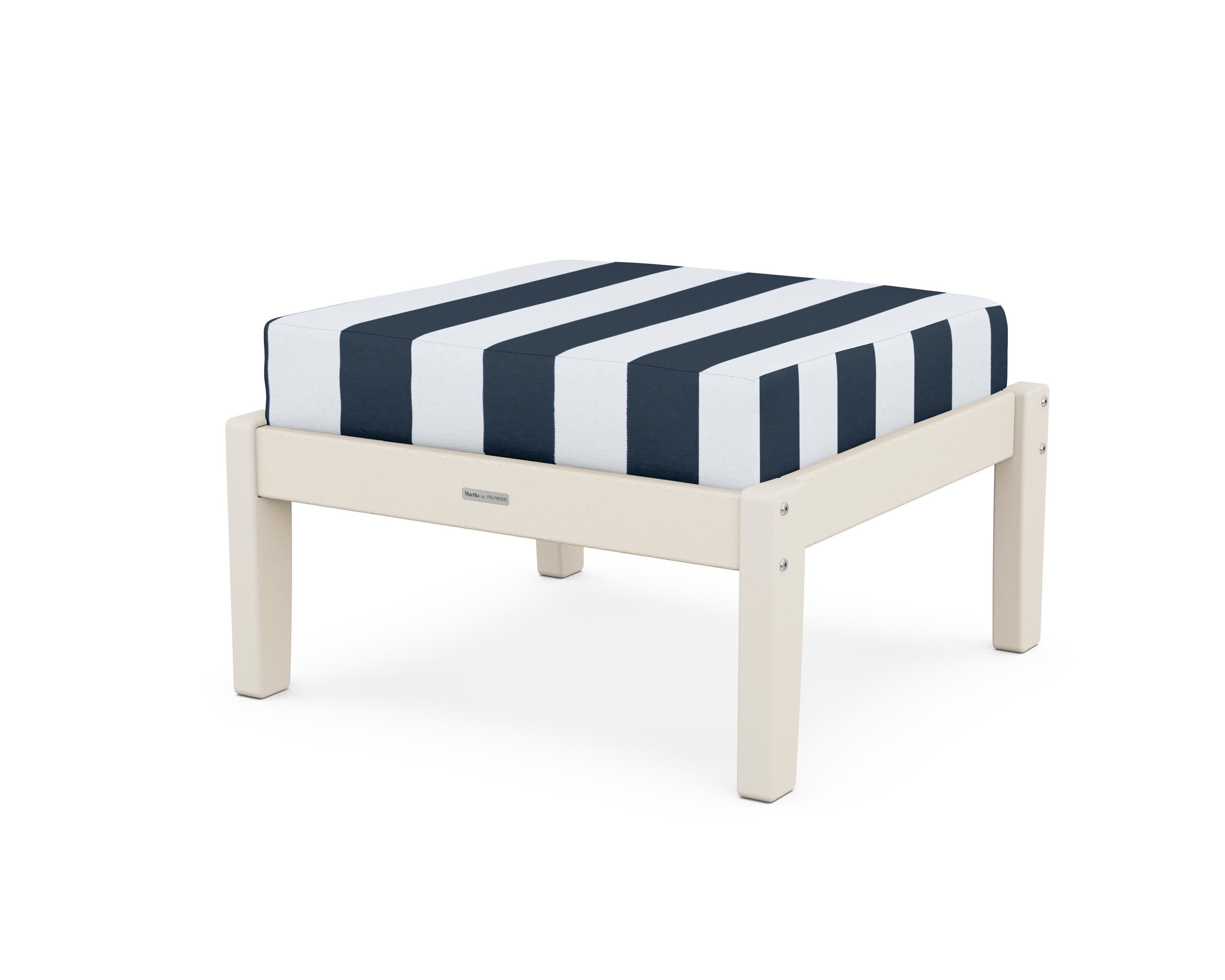 Chinoiserie Deep Seating Ottoman in Sand / Cabana Stripe Marine Indigo
