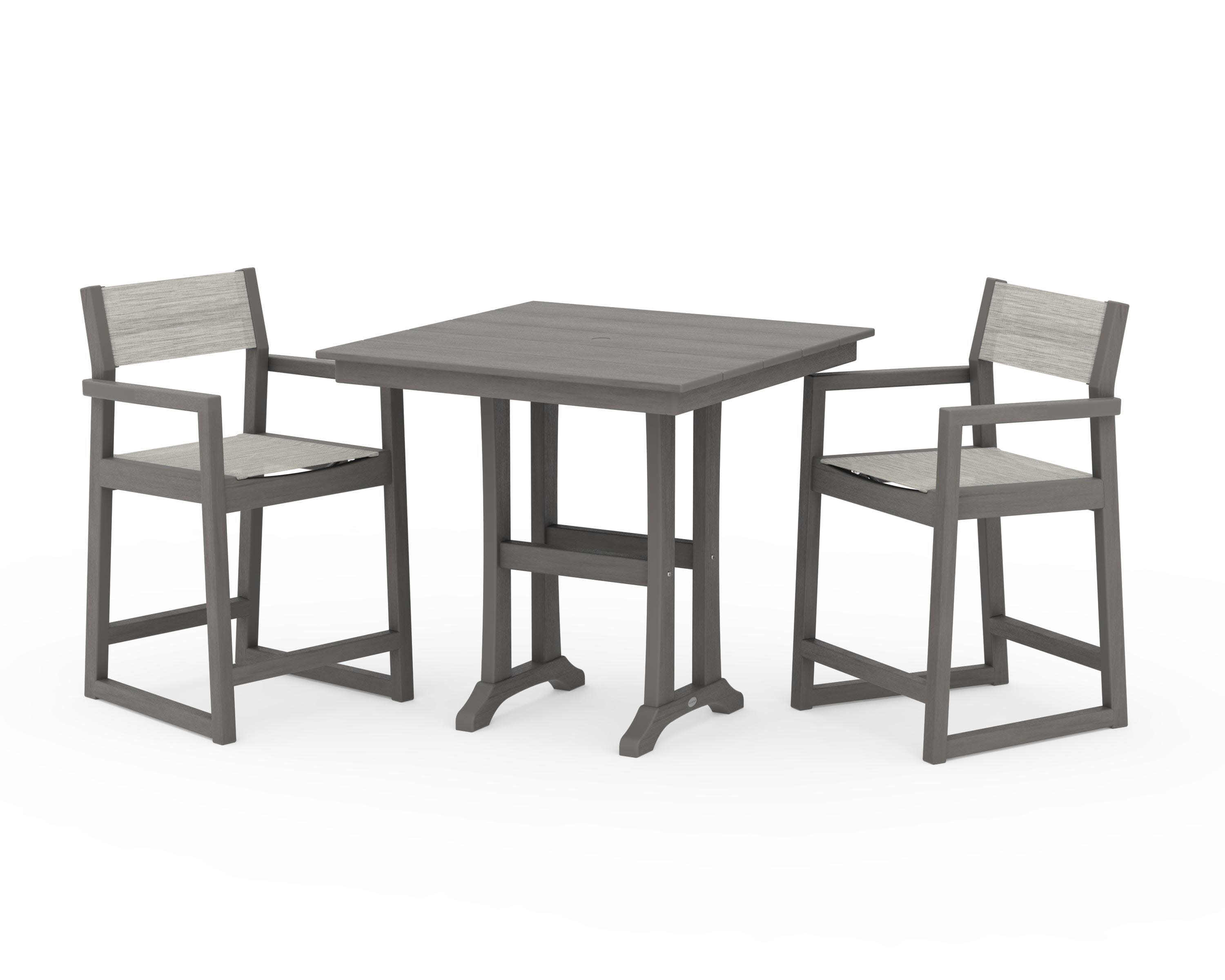 EDGE Sling Arm Chair 3-Piece Farmhouse Counter Set with Trestle Legs in Driftwood / Birch Sling