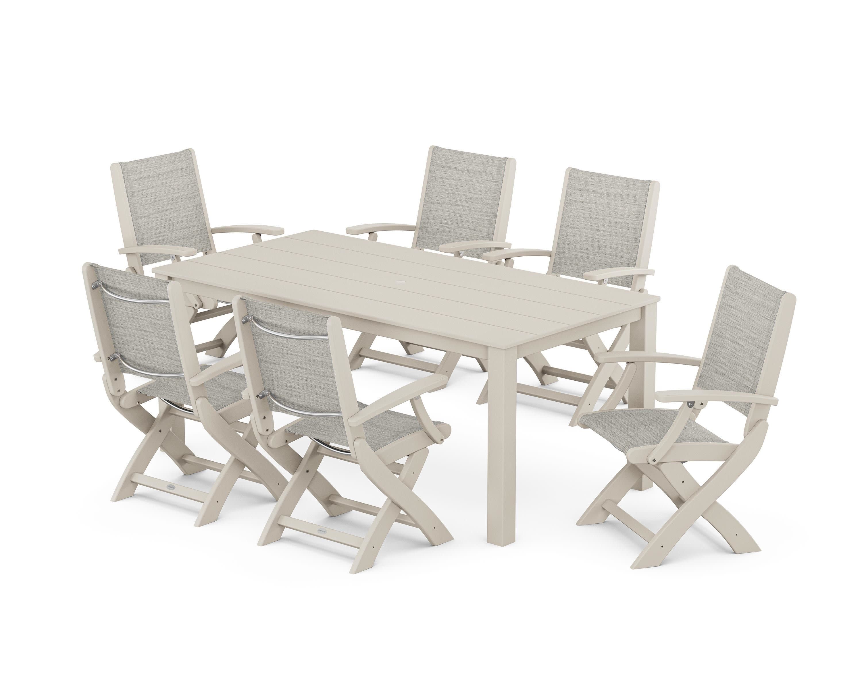 Coastal Folding Chair 7-Piece Parsons Dining Set in Sand / Birch Sling