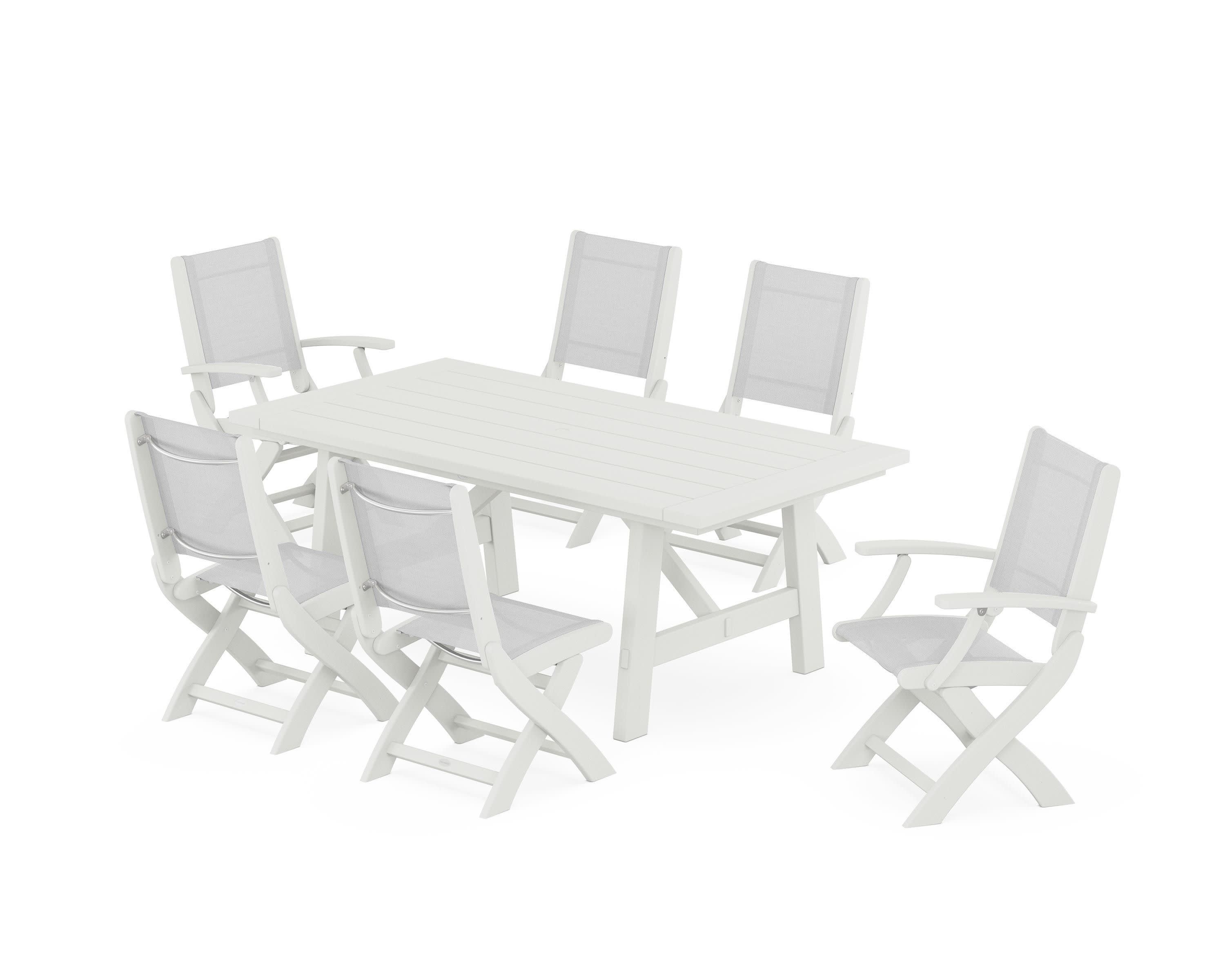 Coastal Folding Chair 7-Piece Rustic Farmhouse Dining Set in Vintage White / White Sling