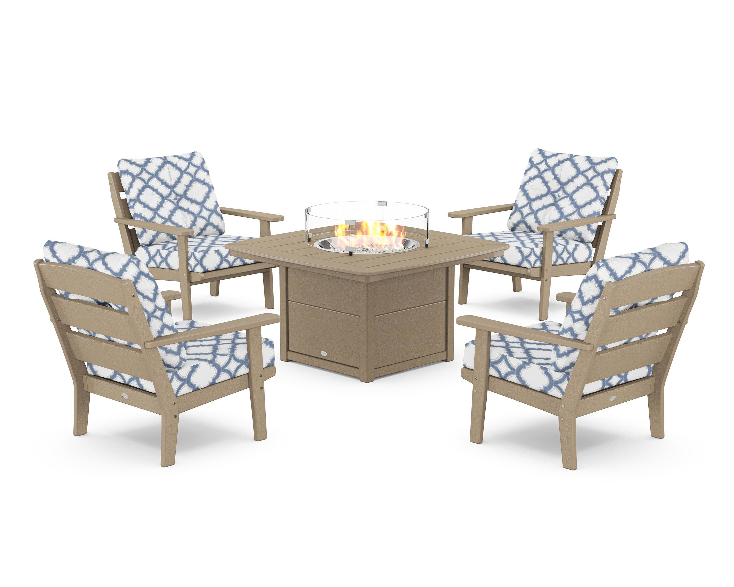 Lakeside 5-Piece Deep Seating Set with Nautical Fire Pit Table in Vintage Sahara / Trellis Sky Blue