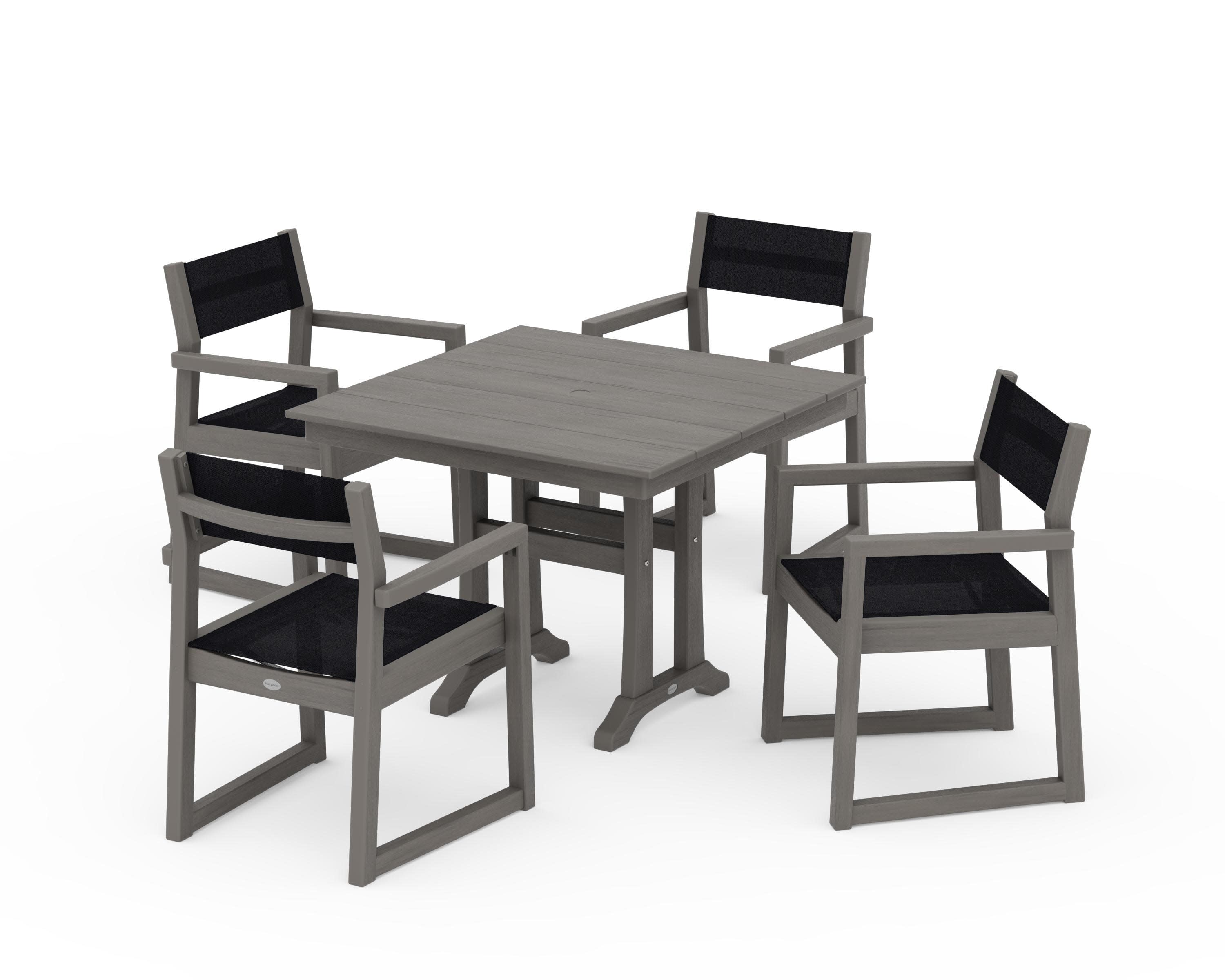 EDGE Sling 5-Piece Farmhouse Dining Set with Trestle Legs in Driftwood / Black Sling
