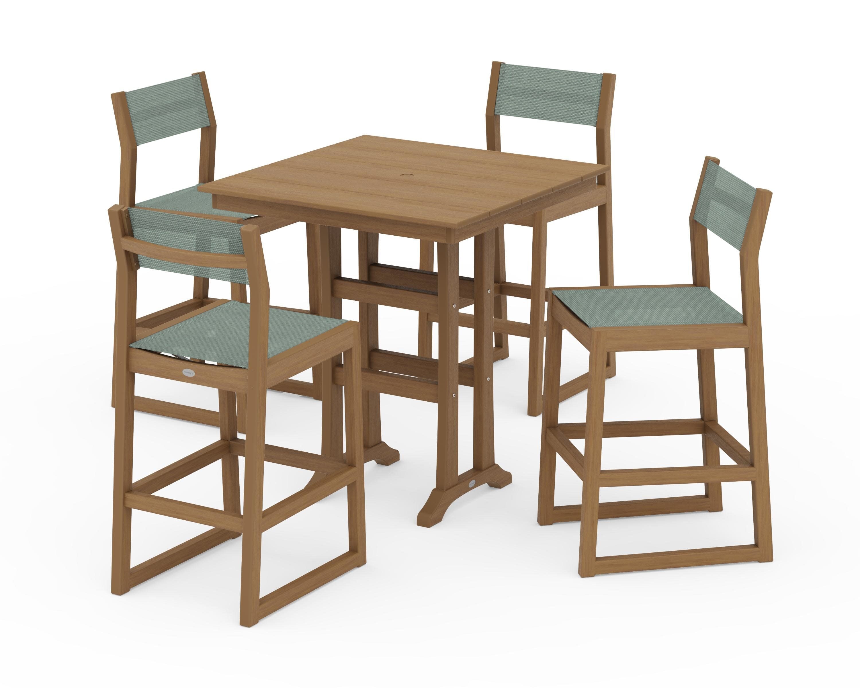 EDGE Sling Arm Chair 5-Piece Farmhouse Bar Set with Trestle Legs in Natural / Dupioni Sea Mist Sling