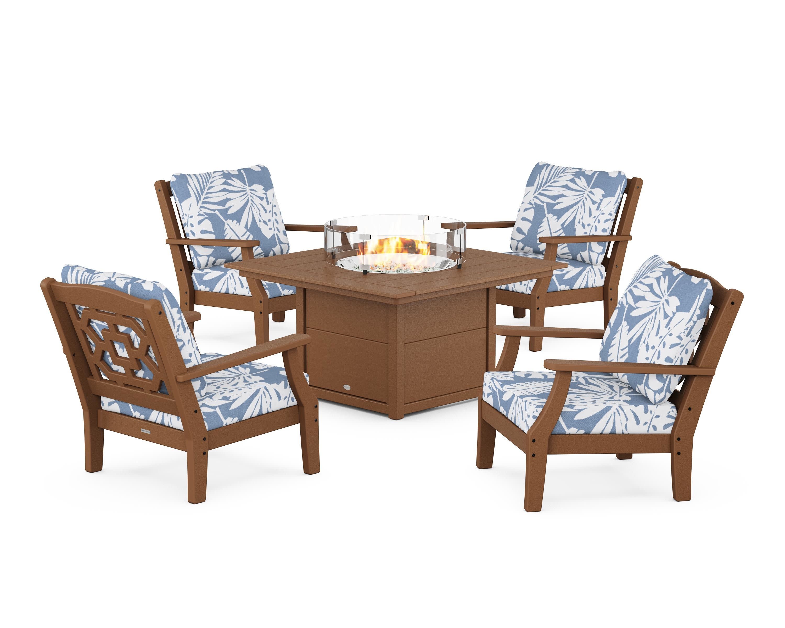 Chinoiserie 5-Piece Deep Seating Set with Fire Pit Table in Teak / Leaf Sky Blue