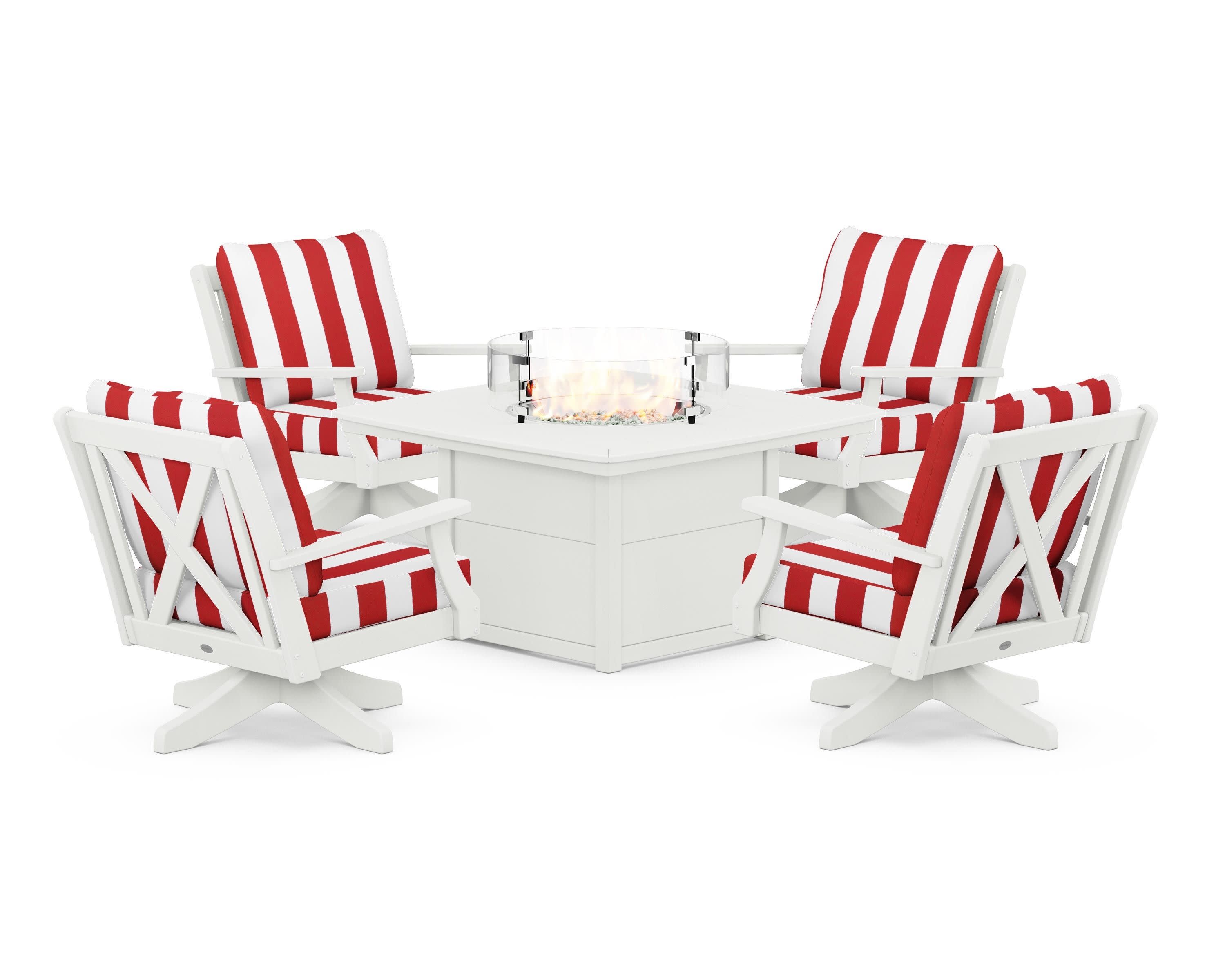 Braxton 5-Piece Deep Seating Swivel Conversation Set with Fire Pit Table in Vintage White / Cabana Stripe Crimson