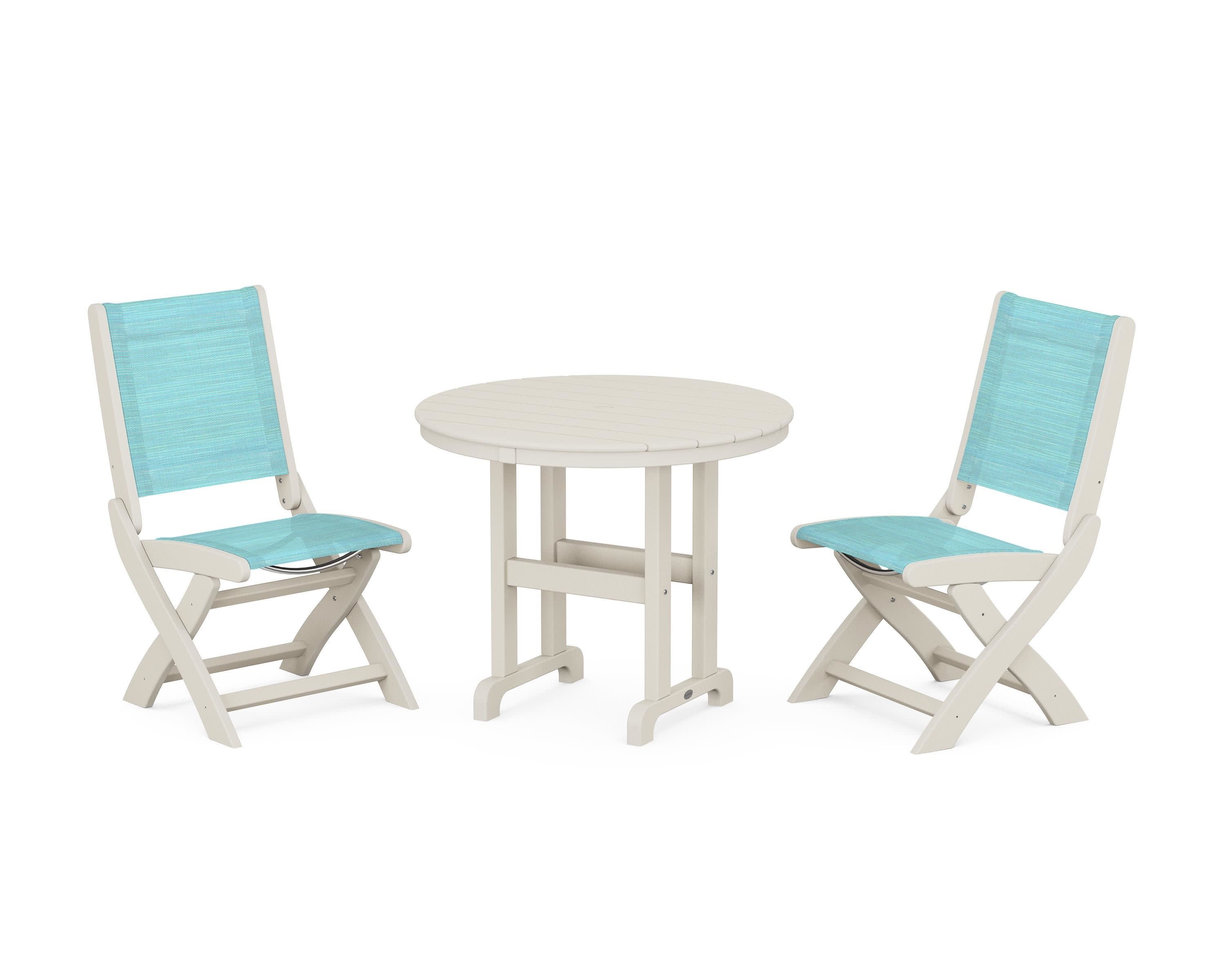 Coastal Folding Side Chair 3-Piece Round Dining Set in Sand / Dupioni Aquamarine Sling