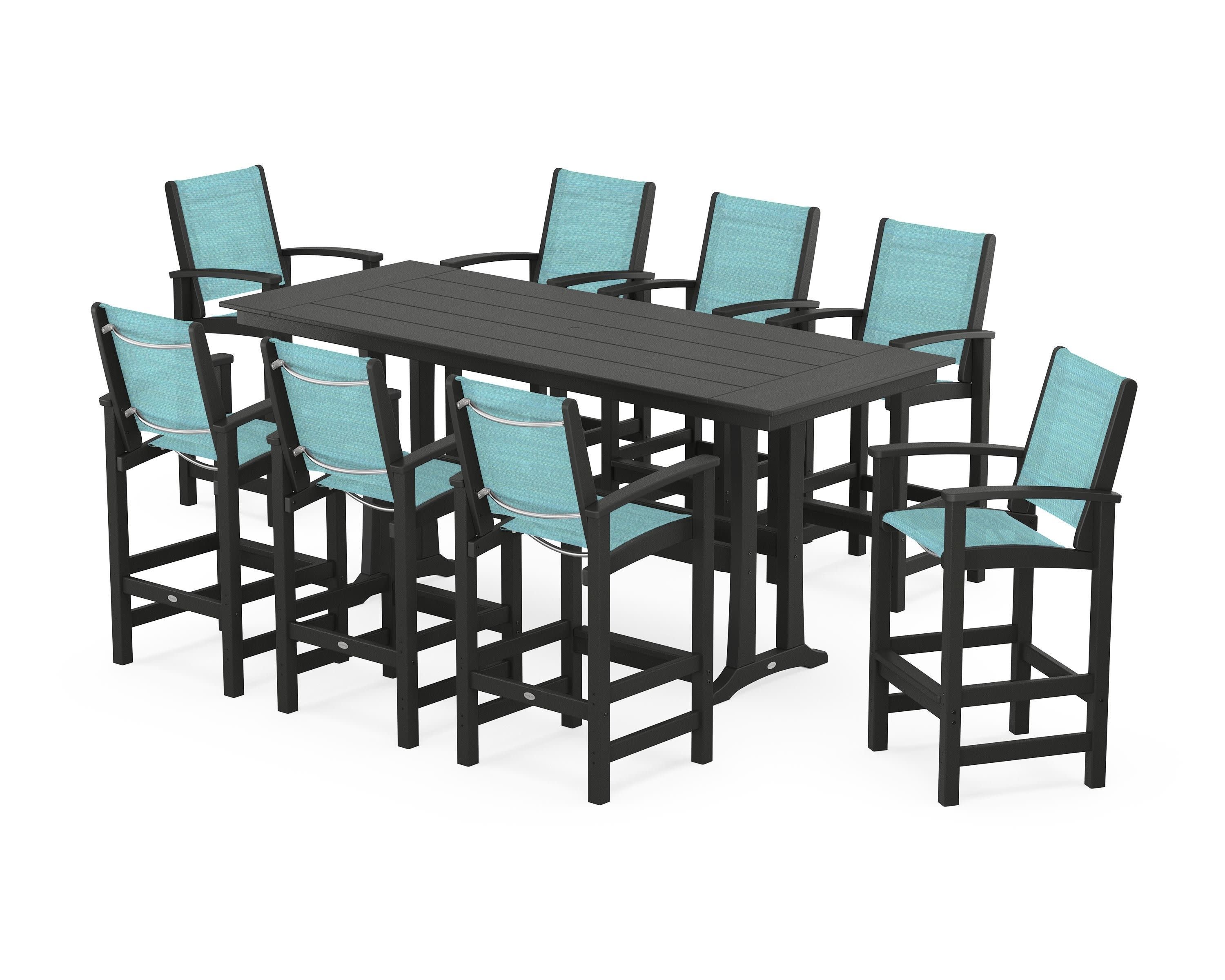 Coastal 9-Piece Farmhouse Bar Set with Trestle Legs in Black / Dupioni Aquamarine Sling