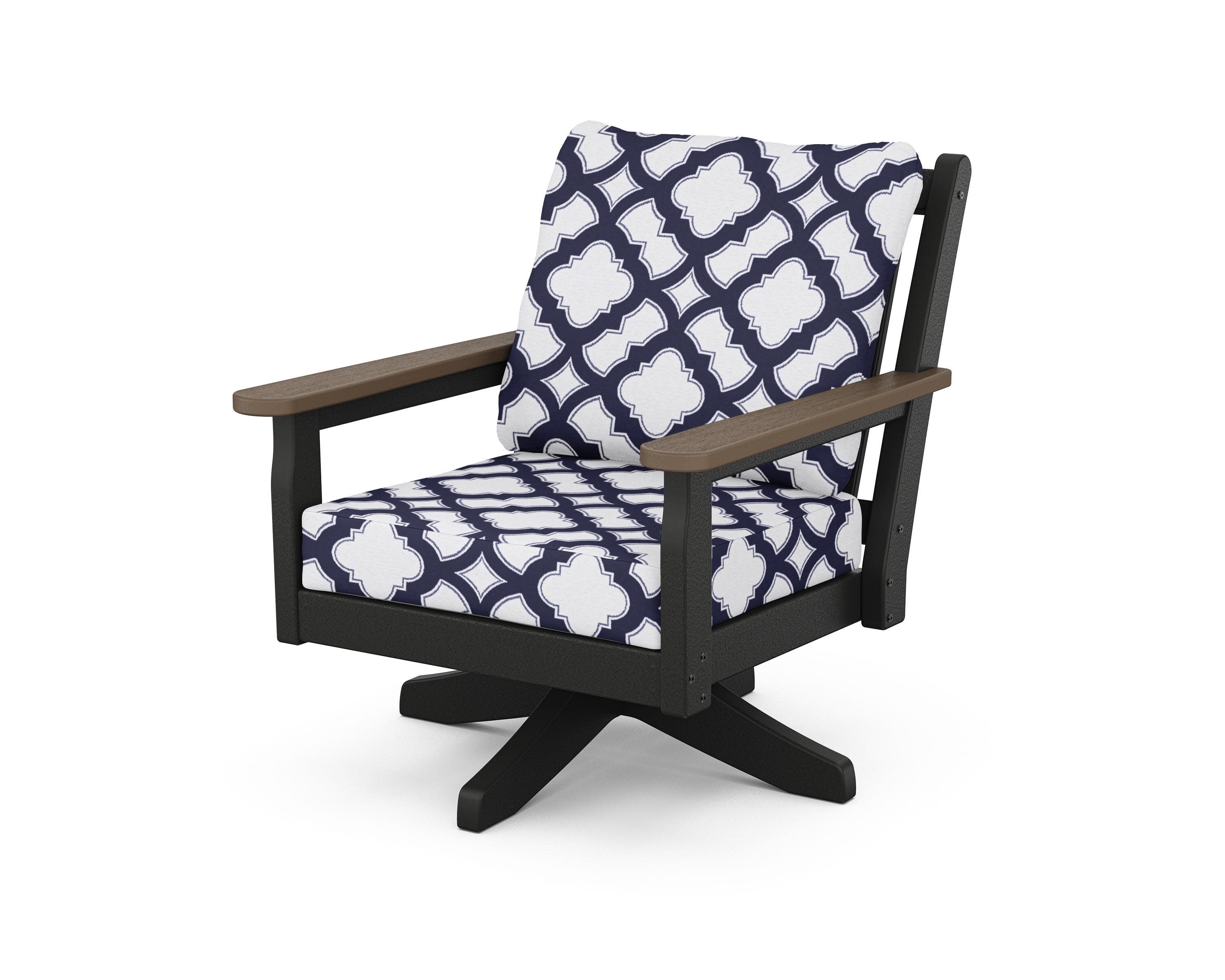 Chippendale Deep Seating Swivel Chair in Black / Kona / Trellis Navy