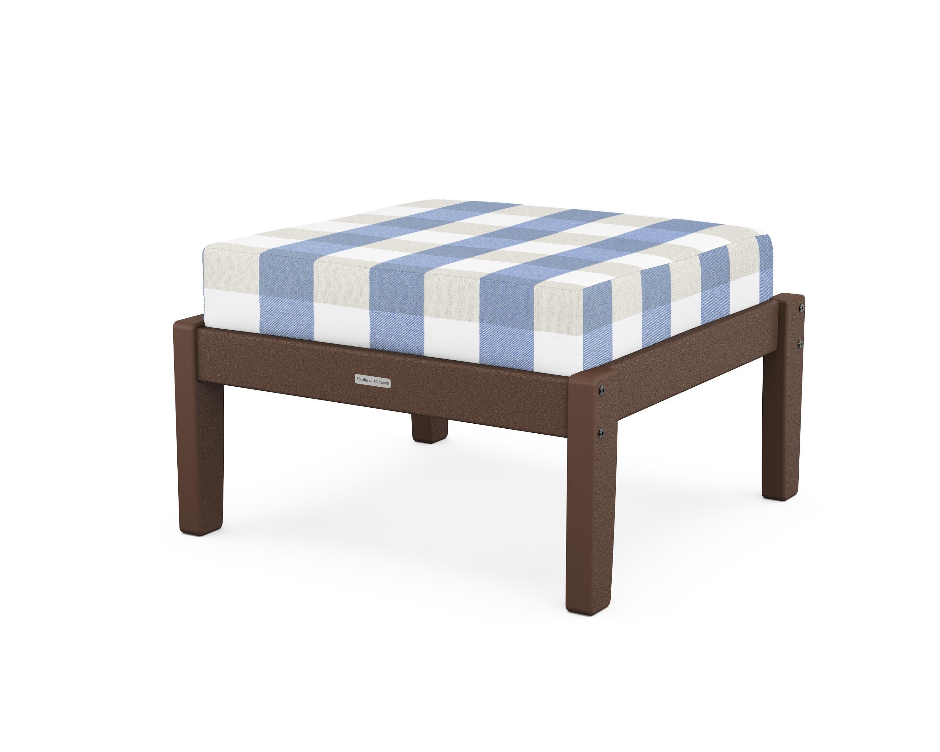 Chinoiserie Deep Seating Ottoman in Mahogany / Buffalo Plaid Sky Blue