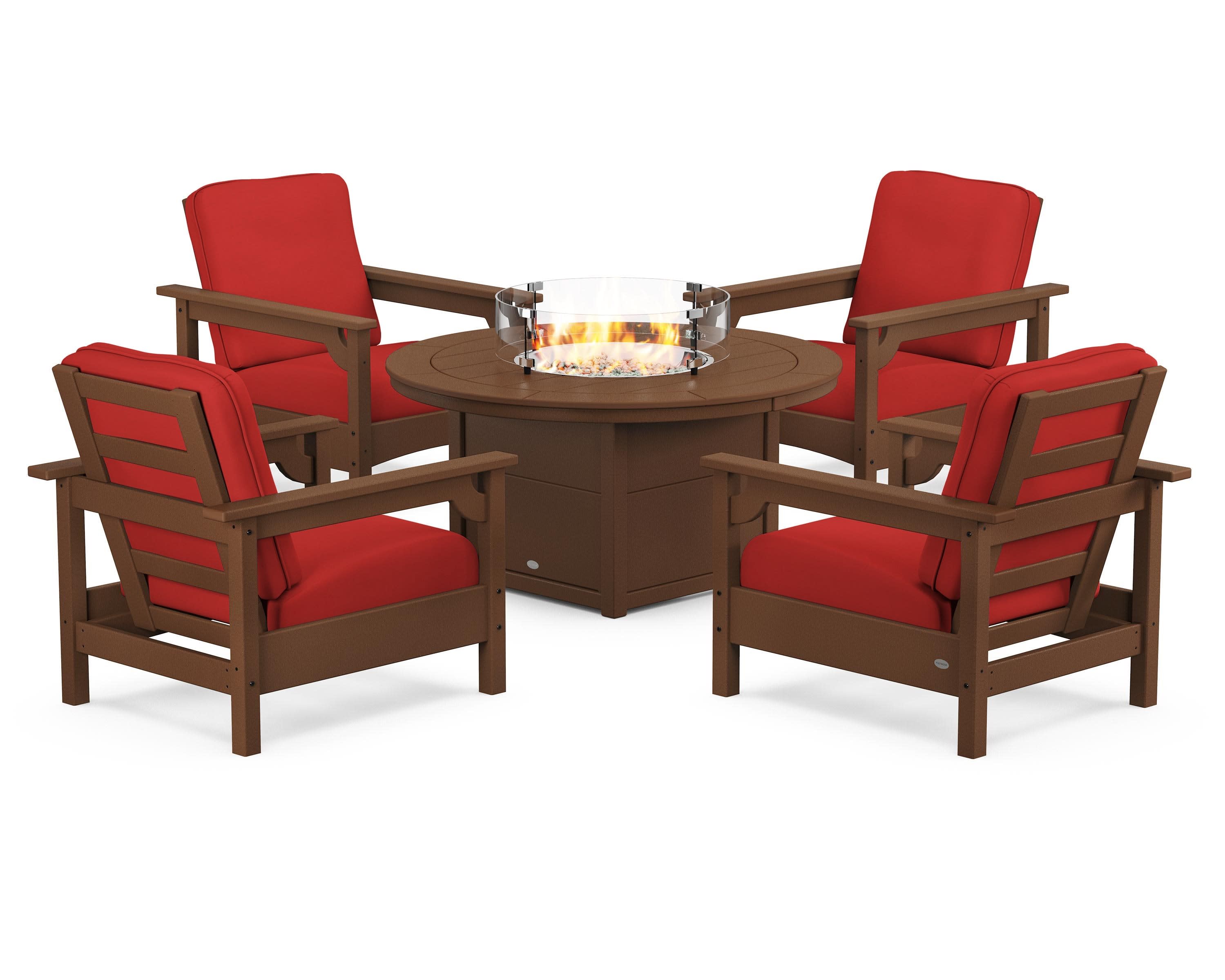 Club 5-Piece Conversation Set with Fire Pit Table in Teak / Crimson Linen