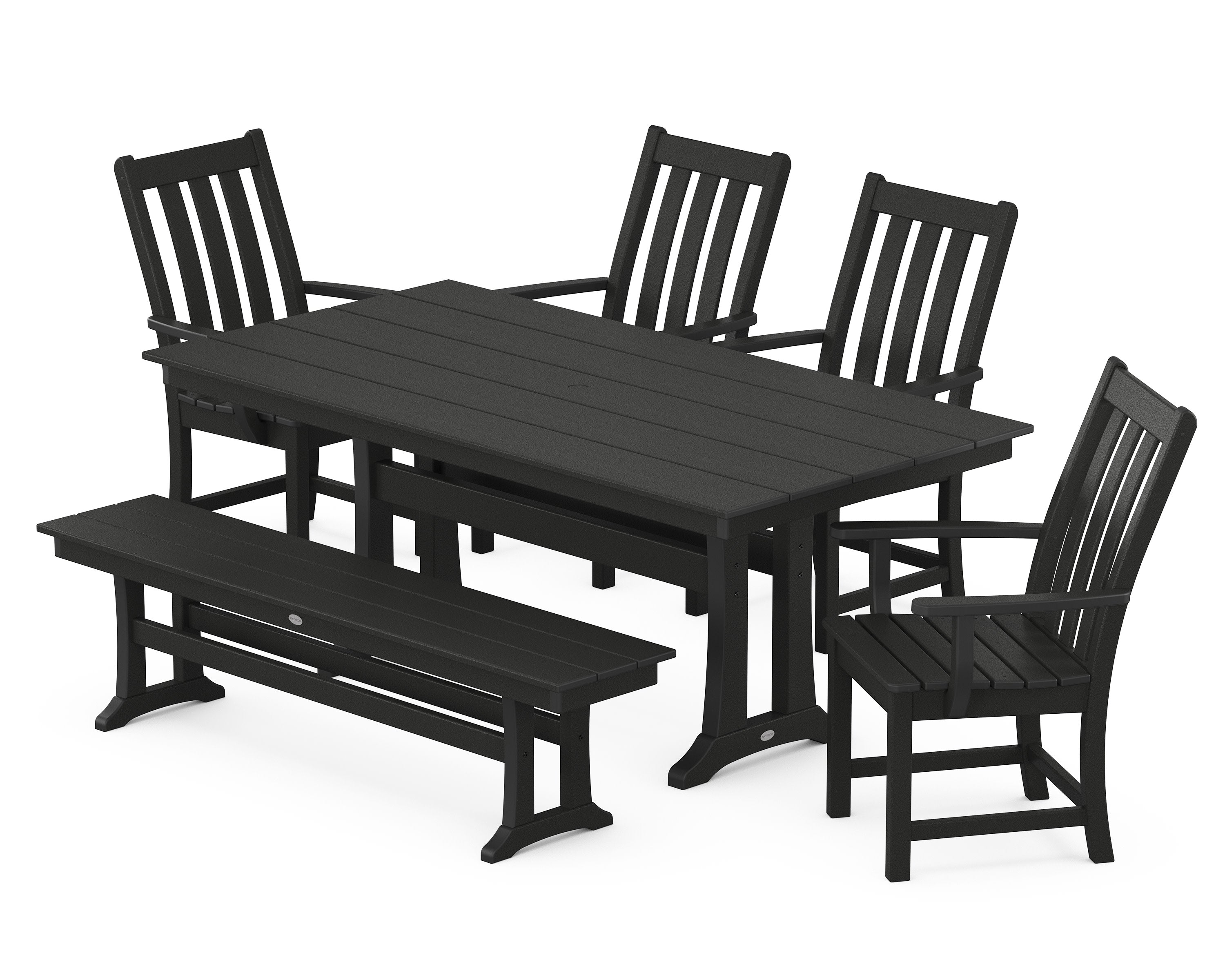 Vineyard 6-Piece Arm Chair Farmhouse Dining Set with Trestle Legs and Bench in Black