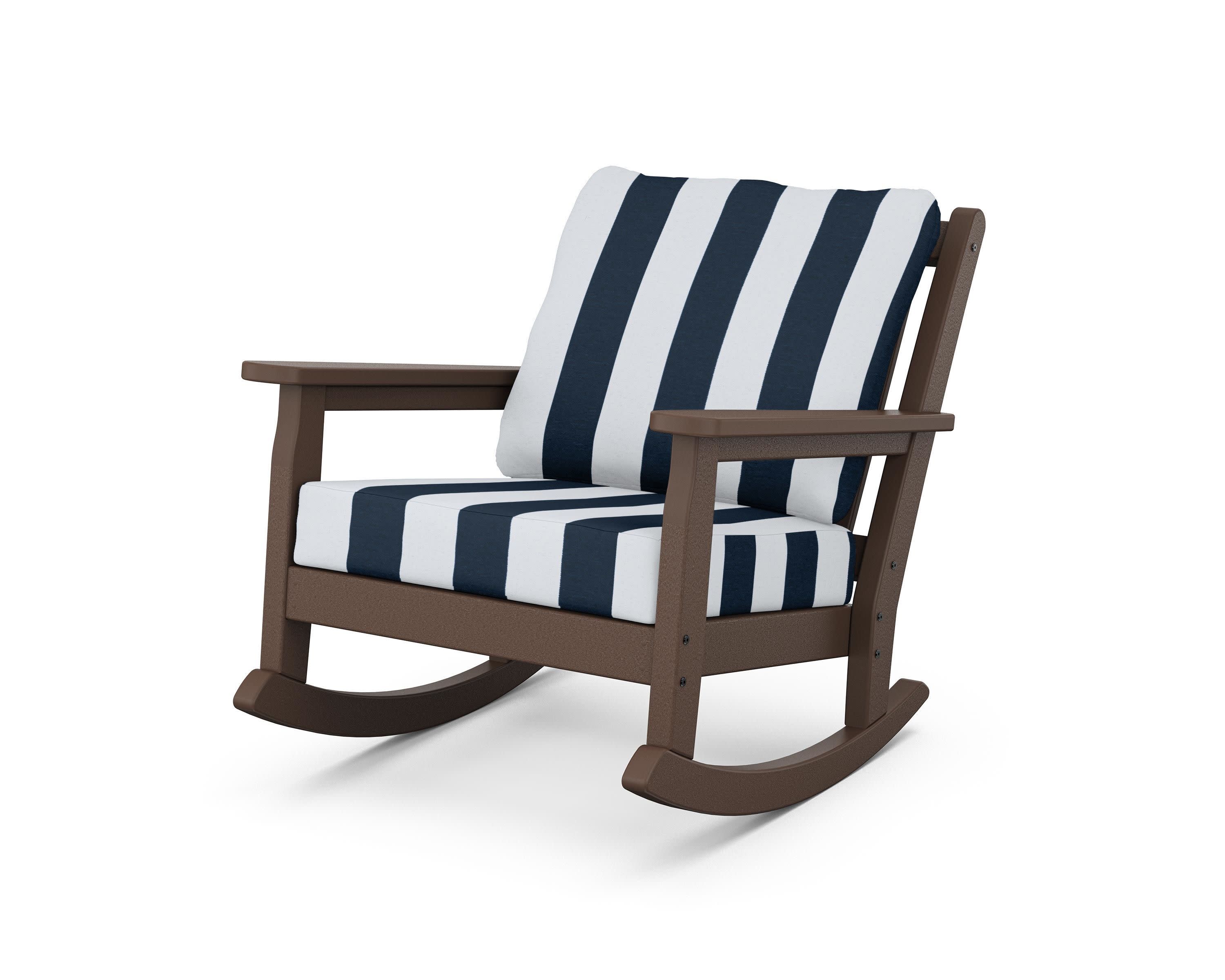 Chippendale Deep Seating Rocking Chair in Mahogany / Cabana Stripe Marine Indigo