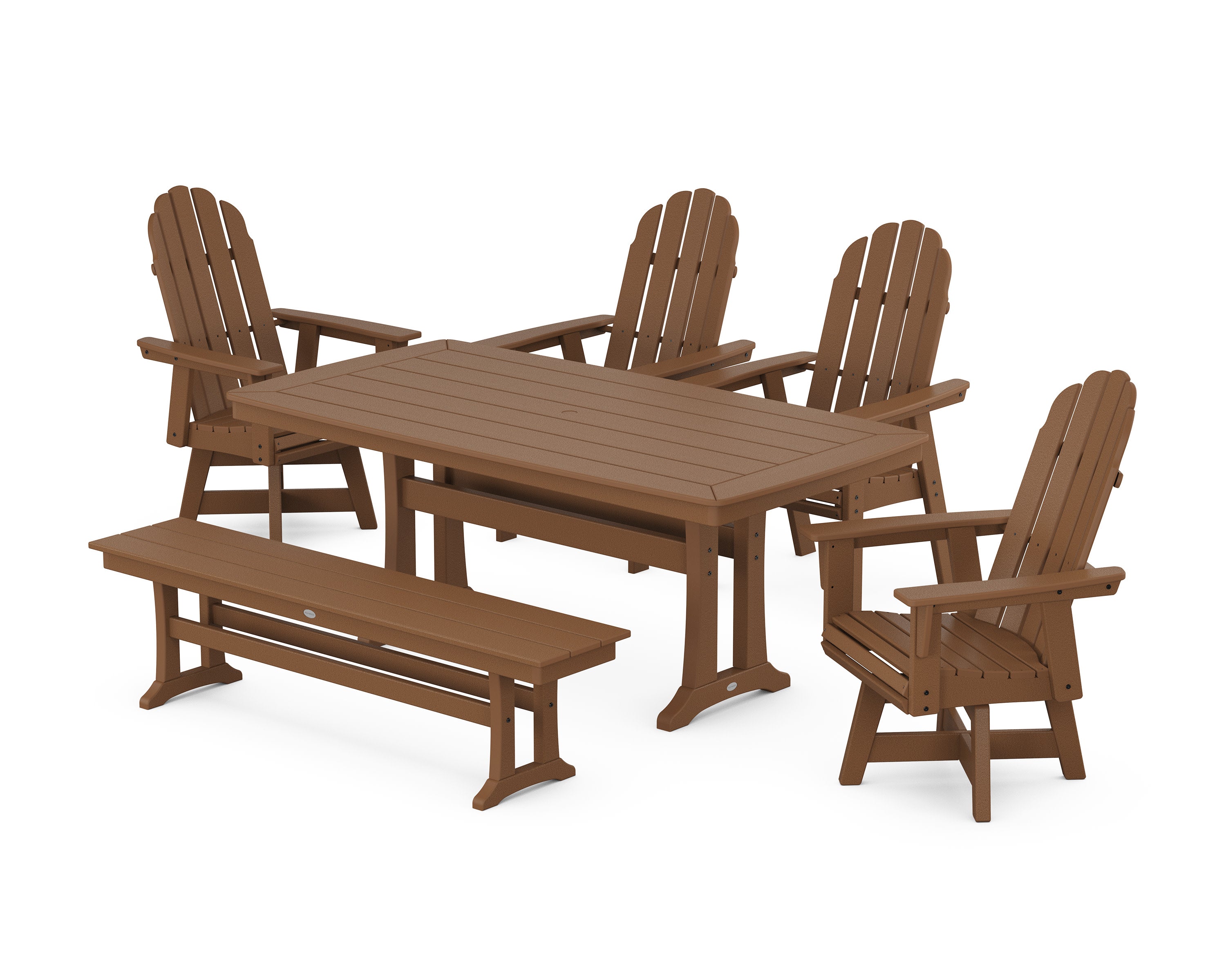 Vineyard Curveback Adirondack Swivel Chair 6-Piece Dining Set with Trestle Legs and Bench in Teak