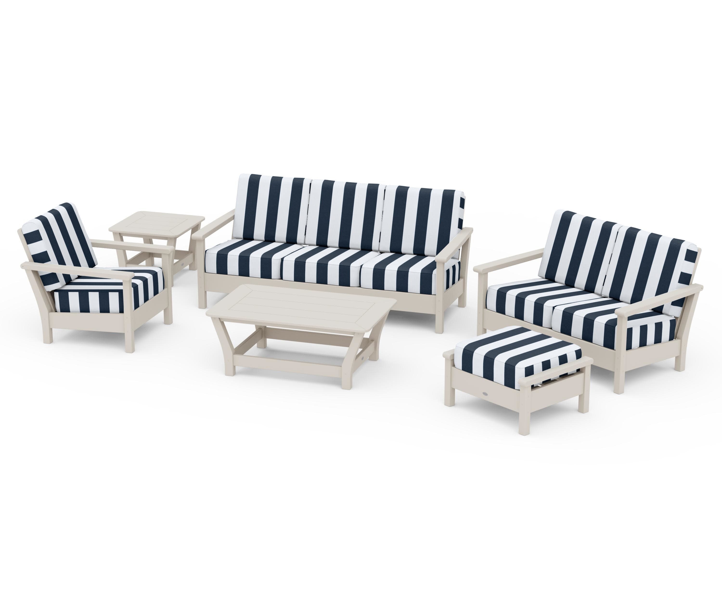 Harbour 6-Piece Outdoor Living Set in Sand / Cabana Stripe Marine Indigo