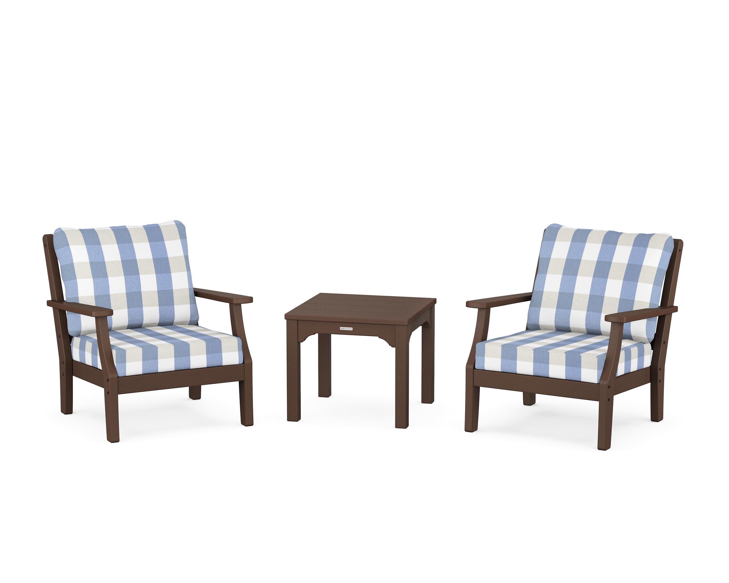 Chinoiserie 3-Piece Deep Seating Set in Mahogany / Buffalo Plaid Sky Blue