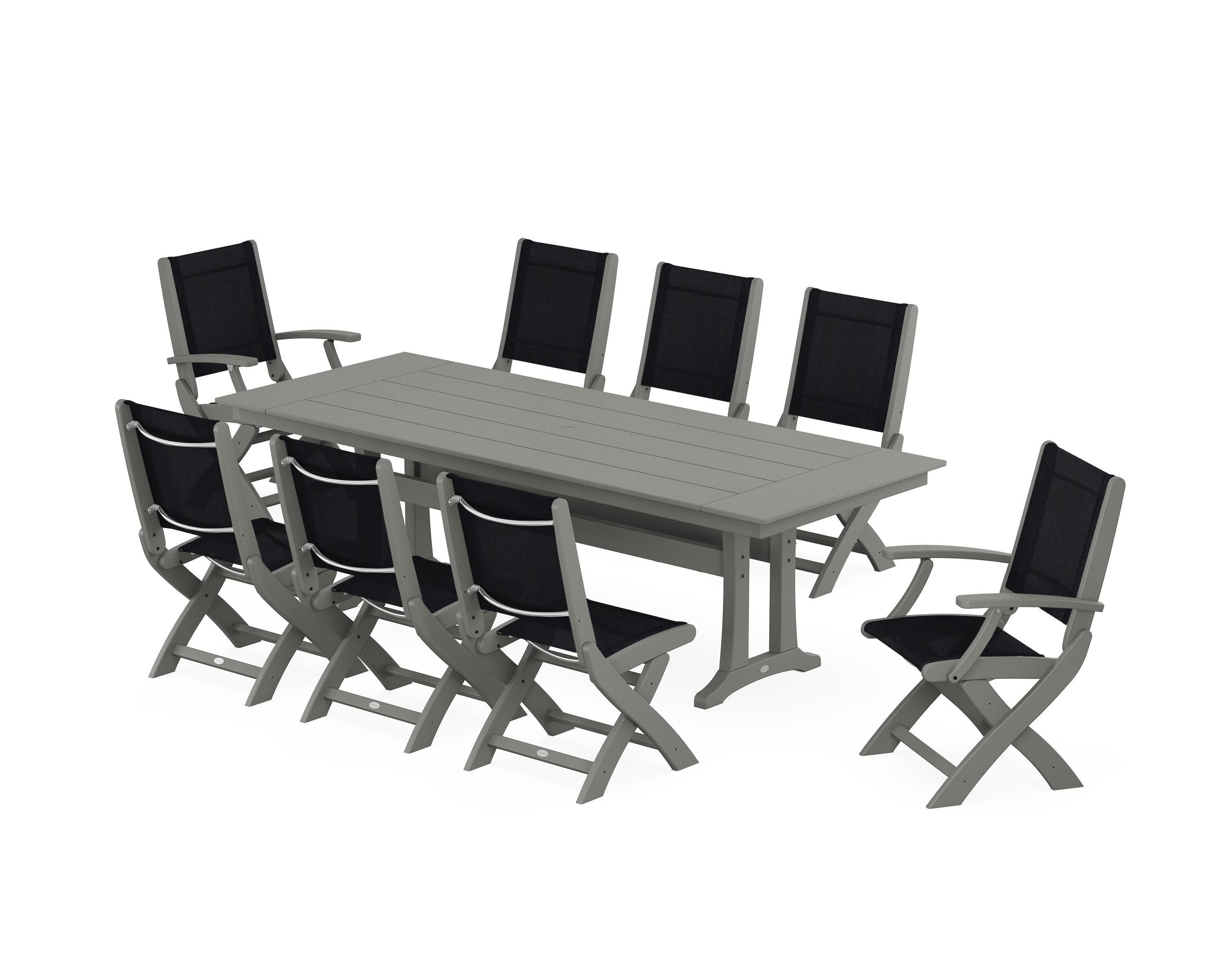 Coastal 9-Piece Folding Dining Chair Farmhouse Dining Set with Trestle Legs in Slate Grey / Black Sling