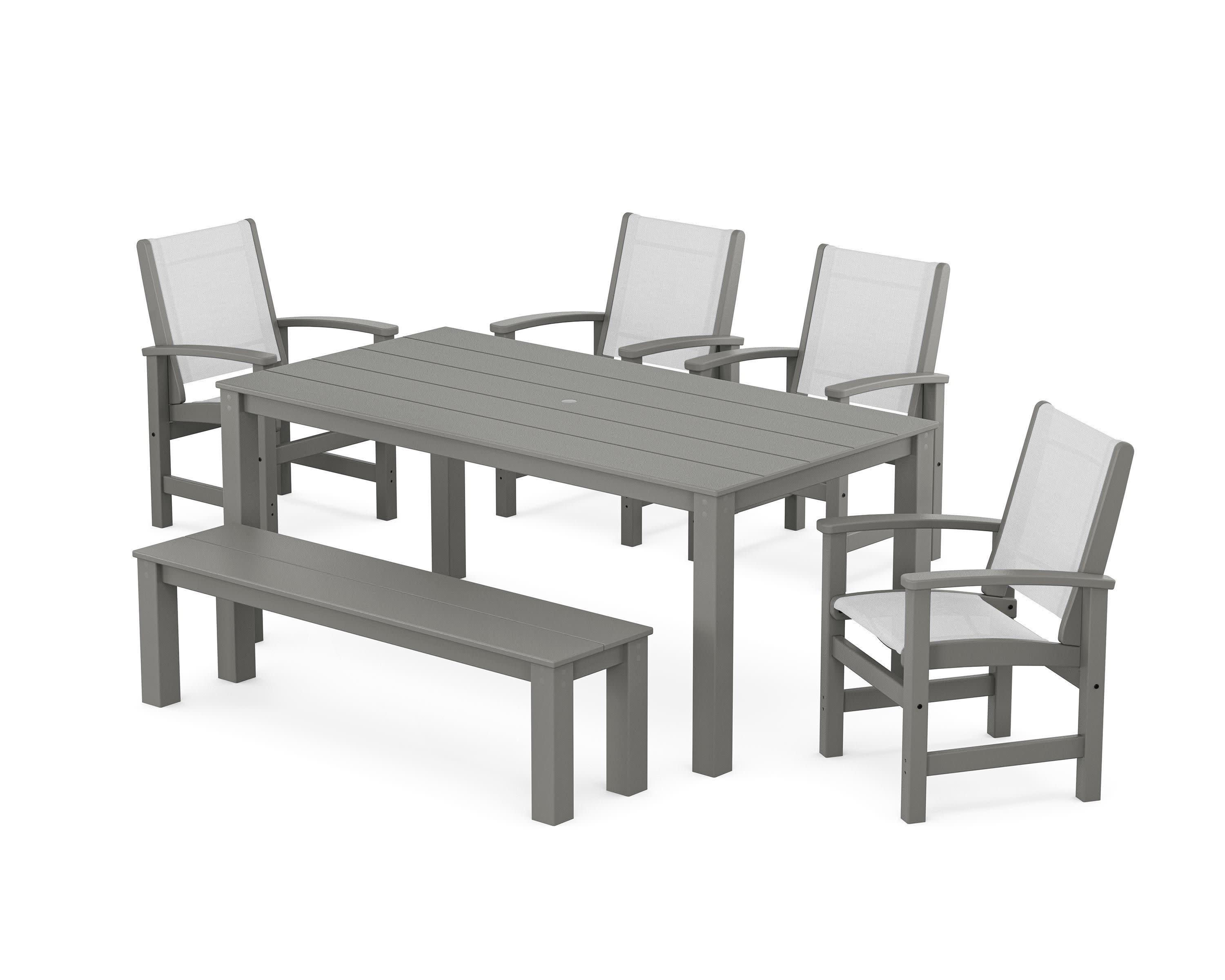 Coastal 6-Piece Parsons Dining Set with Bench in Slate Grey / White Sling