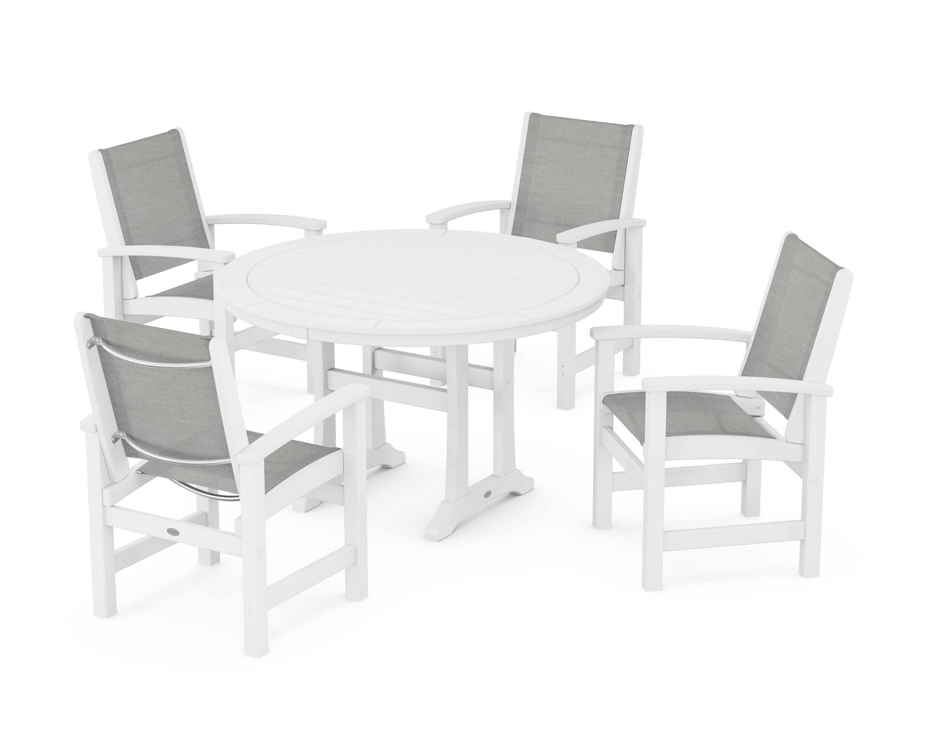 Coastal 5-Piece Round Dining Set with Trestle Legs in White / Metallic Sling