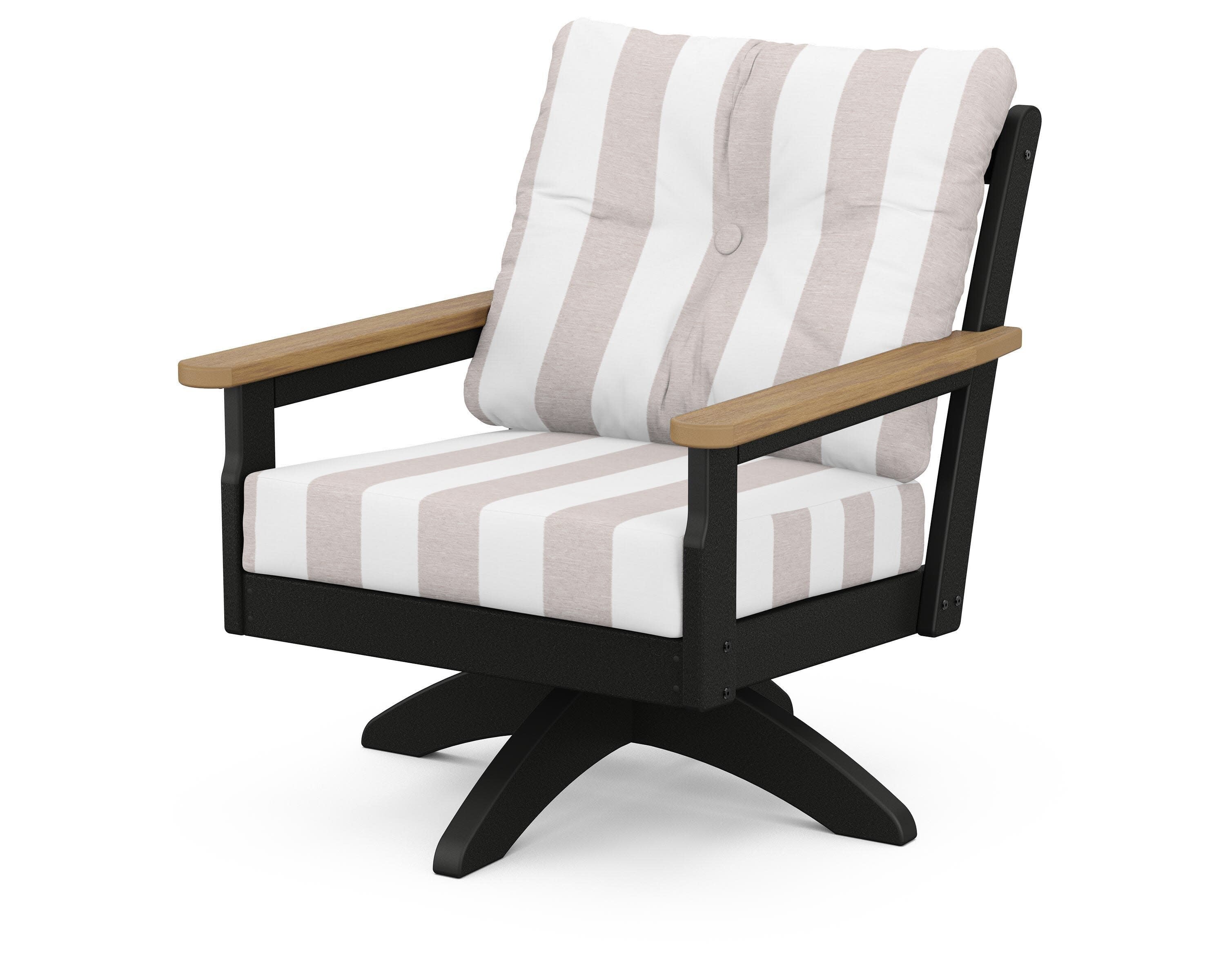 Vineyard Deep Seating Swivel Chair in Black / Natural / Cabana Stripe Dune Burlap