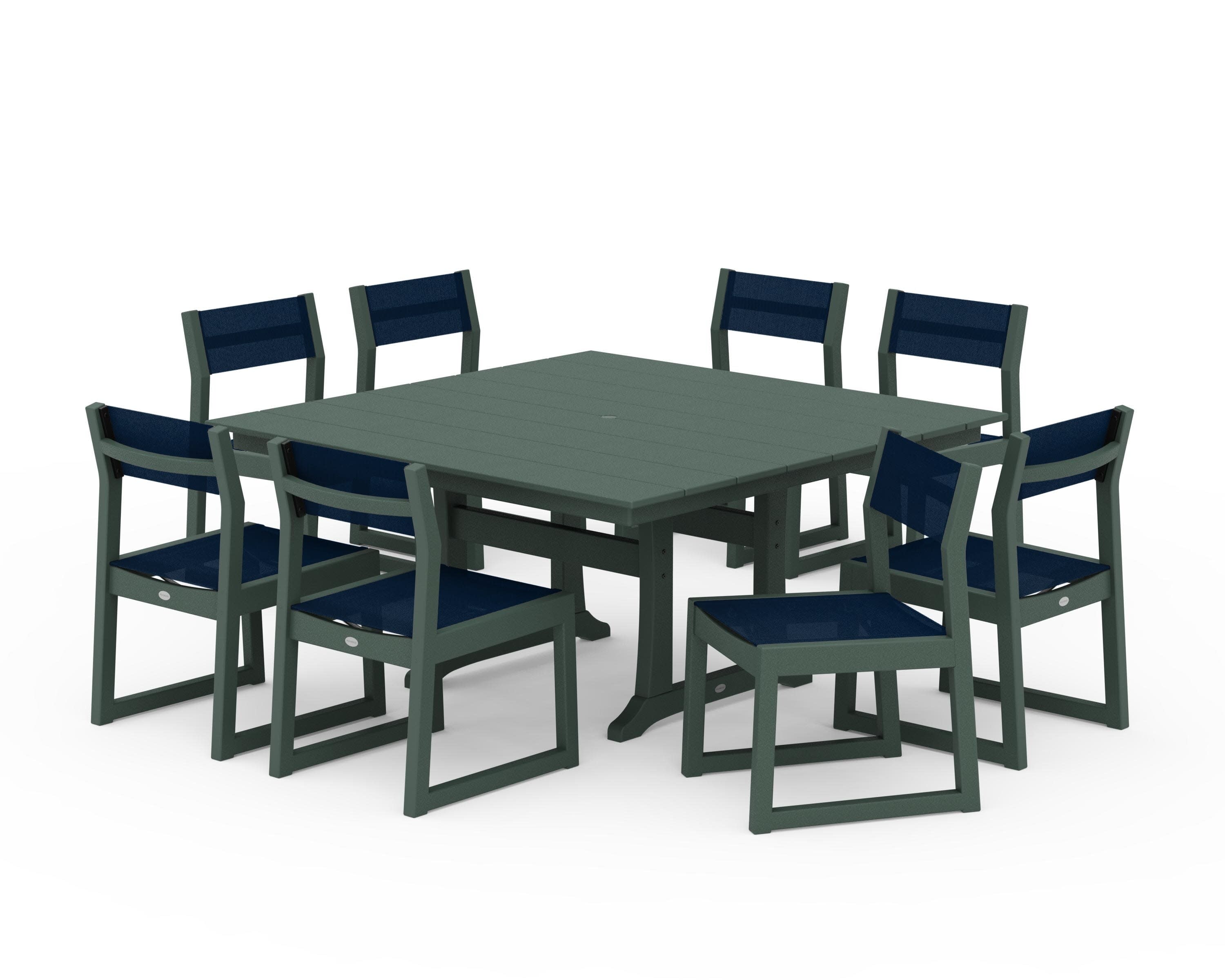 EDGE Sling Side Chair 9-Piece Farmhouse Trestle Dining Set in Green / Navy Blue Sling