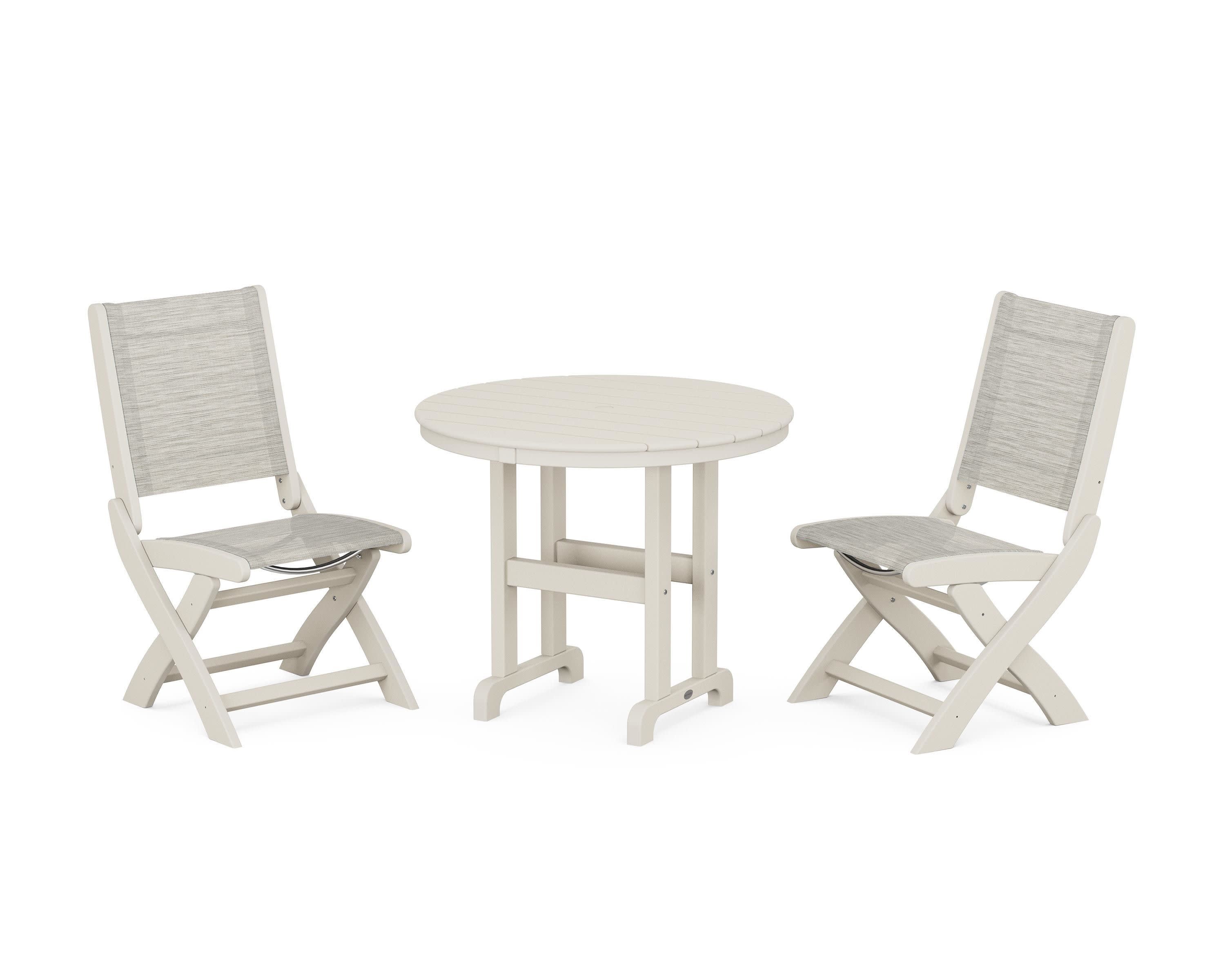 Coastal Folding Side Chair 3-Piece Round Dining Set in Sand / Birch Sling